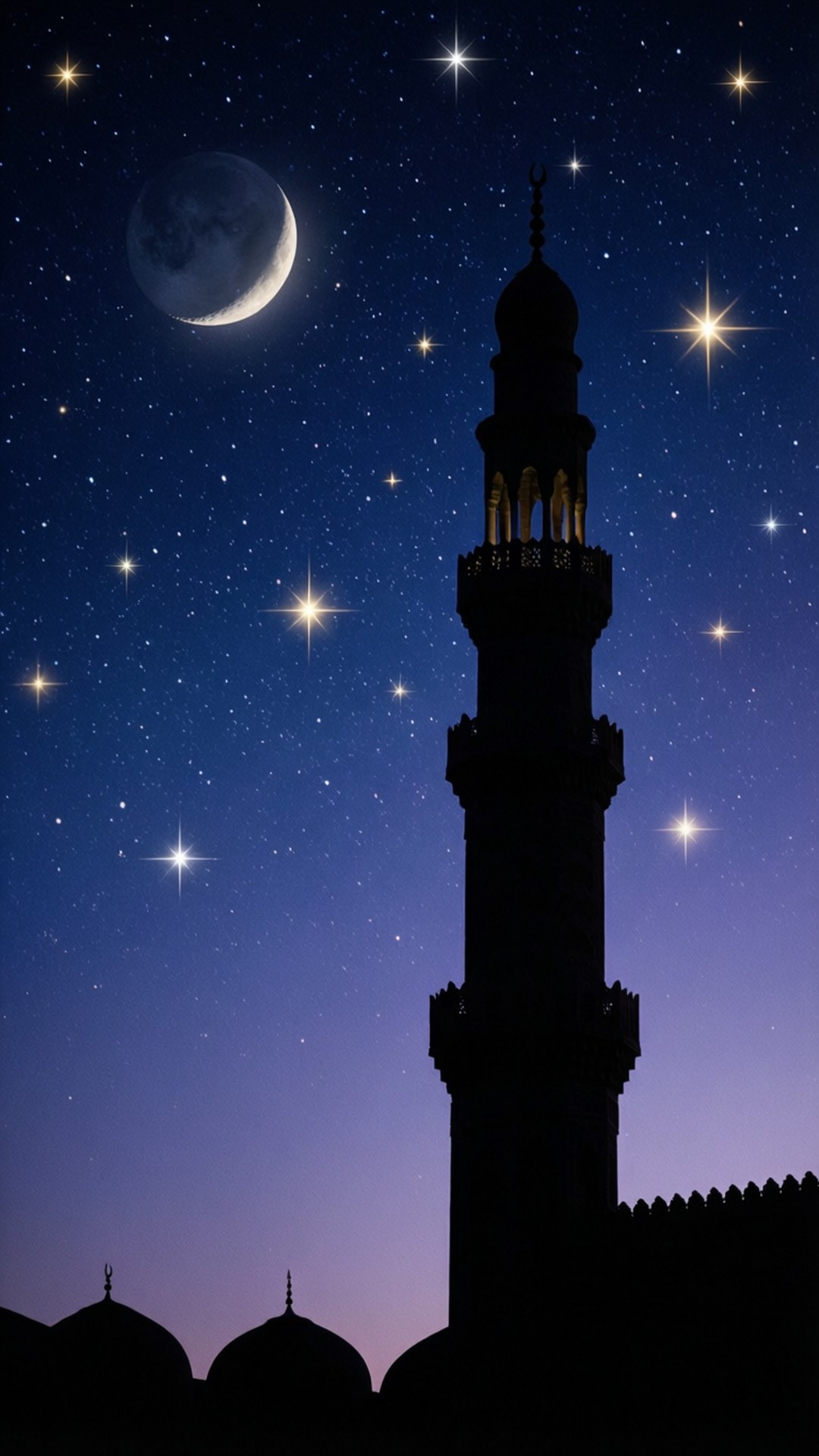 清真寺宣禮塔在星空夜空下的剪影，伴隨著新月。