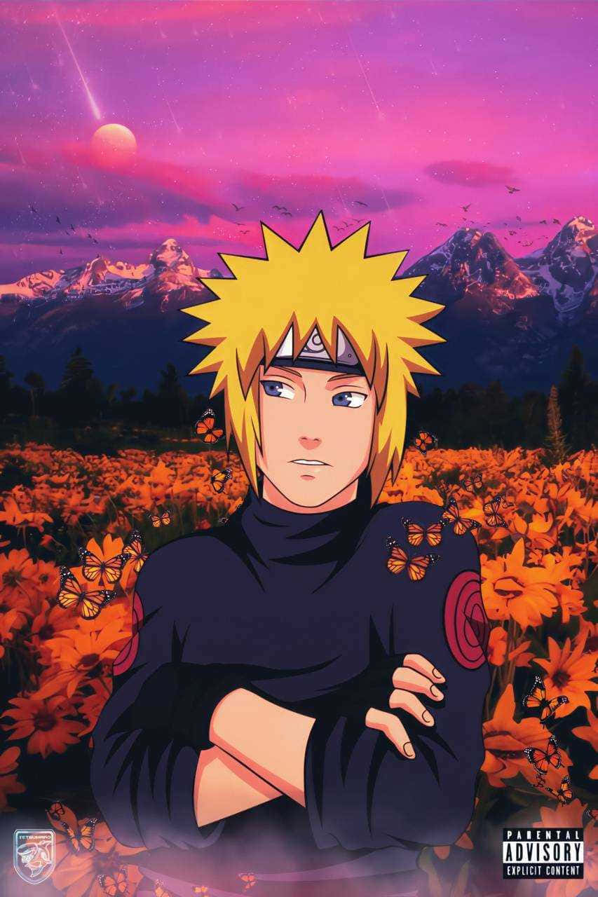 Minato iPhone — 帶您邁向更聰明的未來 壁紙 — 動漫角色鳴人站在一片橙色花田裡，有蝴蝶和山脈的紫色日落天空下。