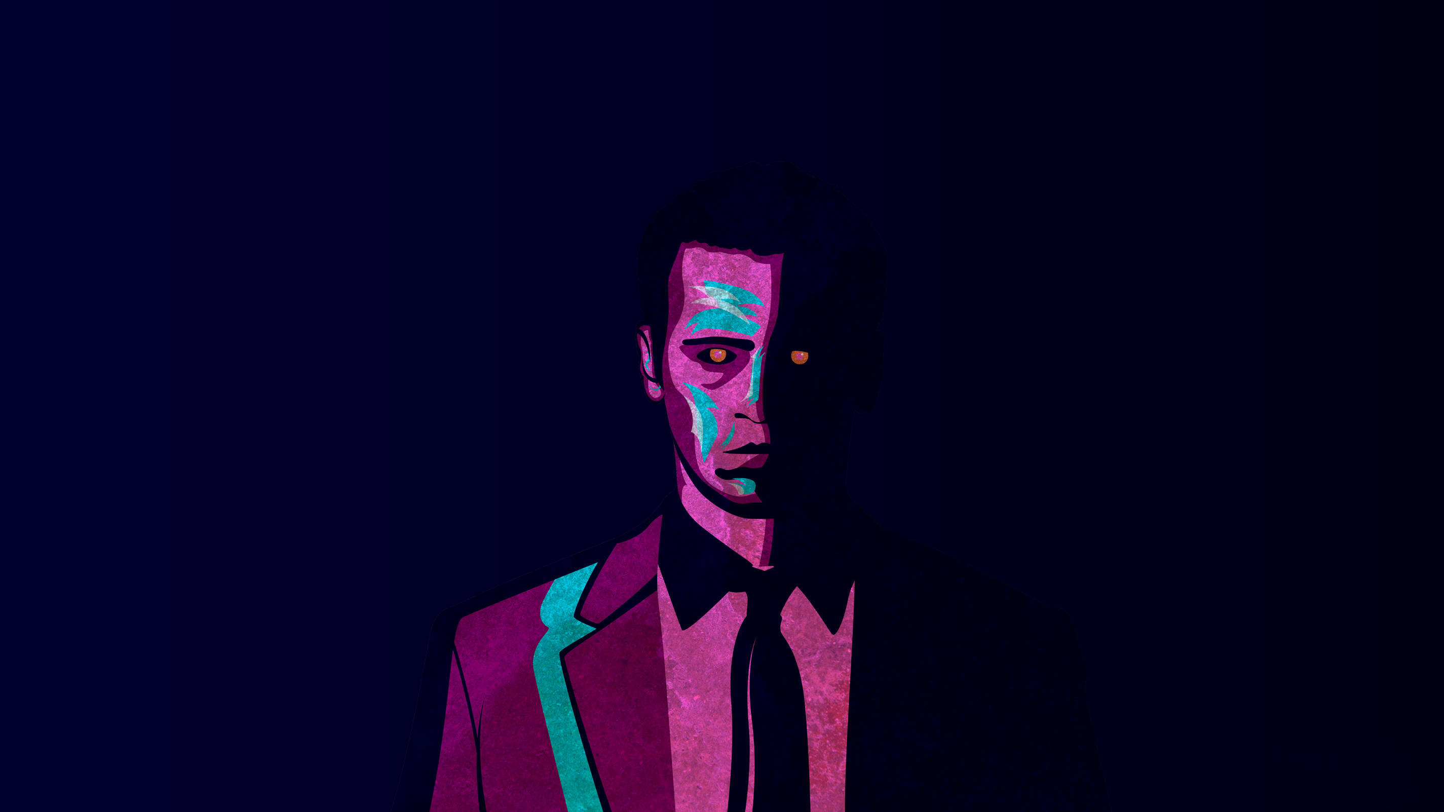 《Mindhunter》主角霍爾登·福特藝術化呈現 壁紙 — 一個穿著西裝的時尚男子，半邊臉在黑暗背景中散發著霓虹粉紅和藍綠色的光芒。