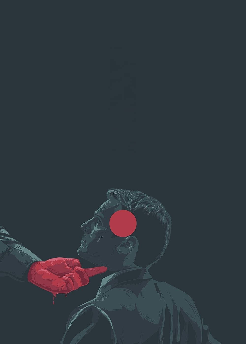 《Mindhunter》圖形設計 壁紙 — 一個側面造型的男子，太陽穴上有一個紅色圓圈，一隻戴紅色手套的手指著它，背景為深灰色。