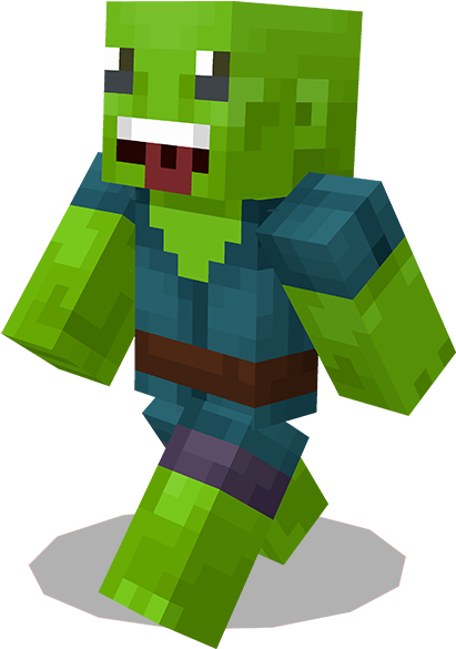 Minecraft 僵屍角色 壁紙 — 一個像素化的綠色喪屍角色，身穿藍色盔甲，腰間繫著棕色腰帶，穿著紫色褲子，站在黑色背景前。