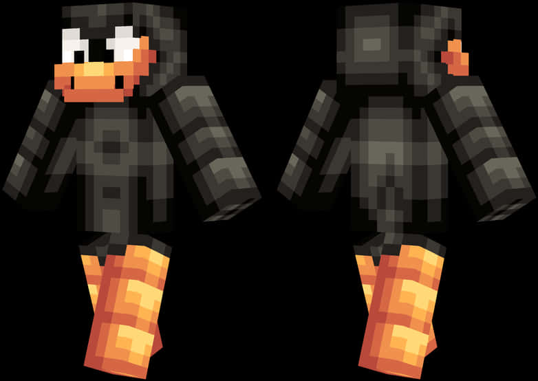 Minecraft 企鵝造型皮膚設計 壁紙 — 像素化Minecraft企鵝皮膚，在黑色背景上顯示正面和背面。