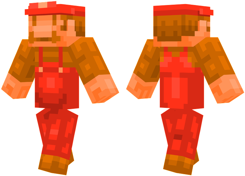 Minecraft角色紅色工裝褲 壁紙 — 像素化Minecraft角色正面和背面，穿著紅色工裝褲和帽子，背景為黑色。