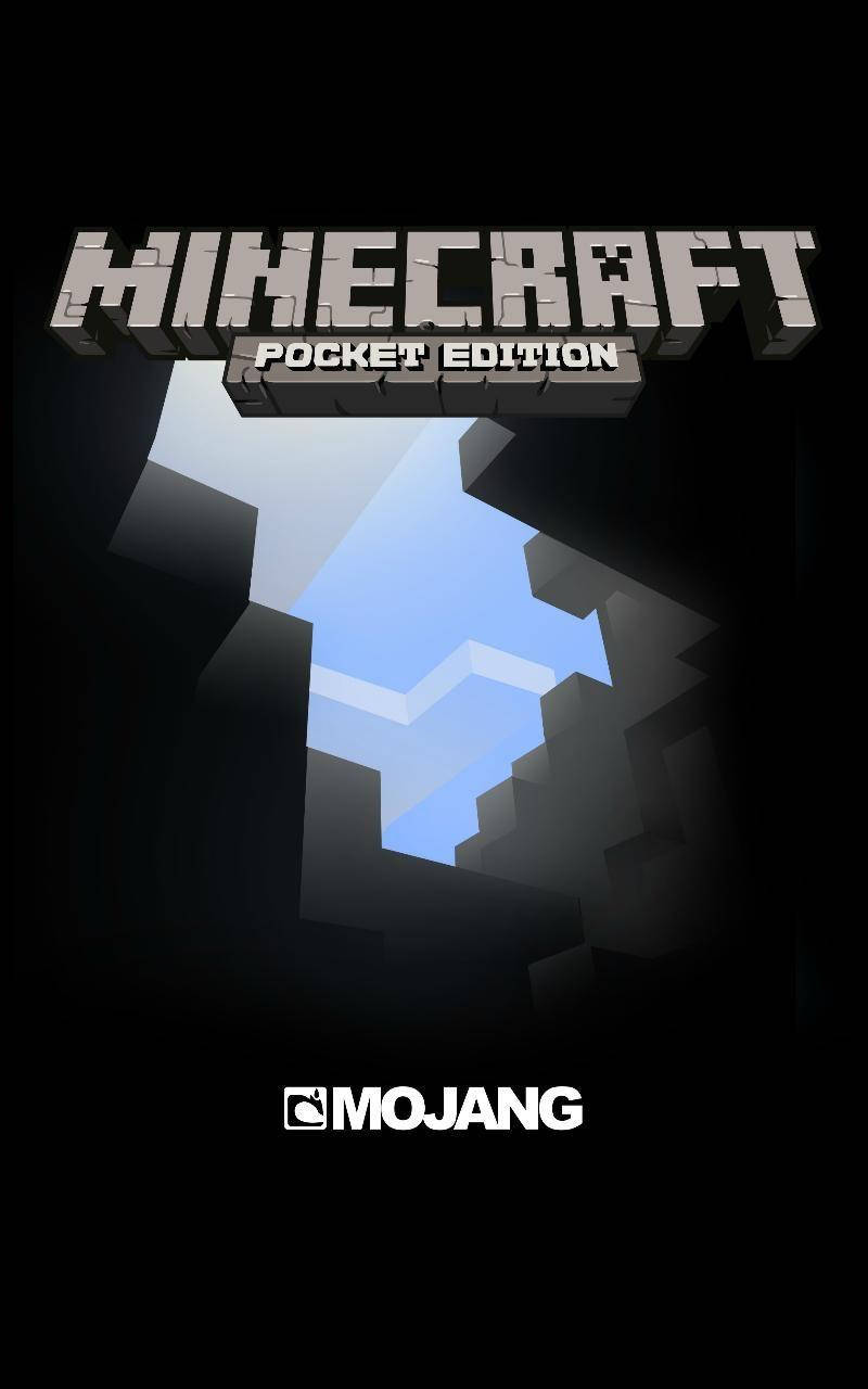 Minecraft標誌口袋版 壁紙 — 一個Minecraft Pocket Edition標誌，帶有一個像素化的洞，在黑暗的方塊背景中露出明亮的藍天。