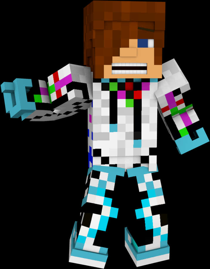 穿彩色裝備的Minecraft角色 壁紙 — 一個像素化的Minecraft風格角色，棕色頭髮，穿著彩色格子服裝，在黑色背景前擺姿勢。