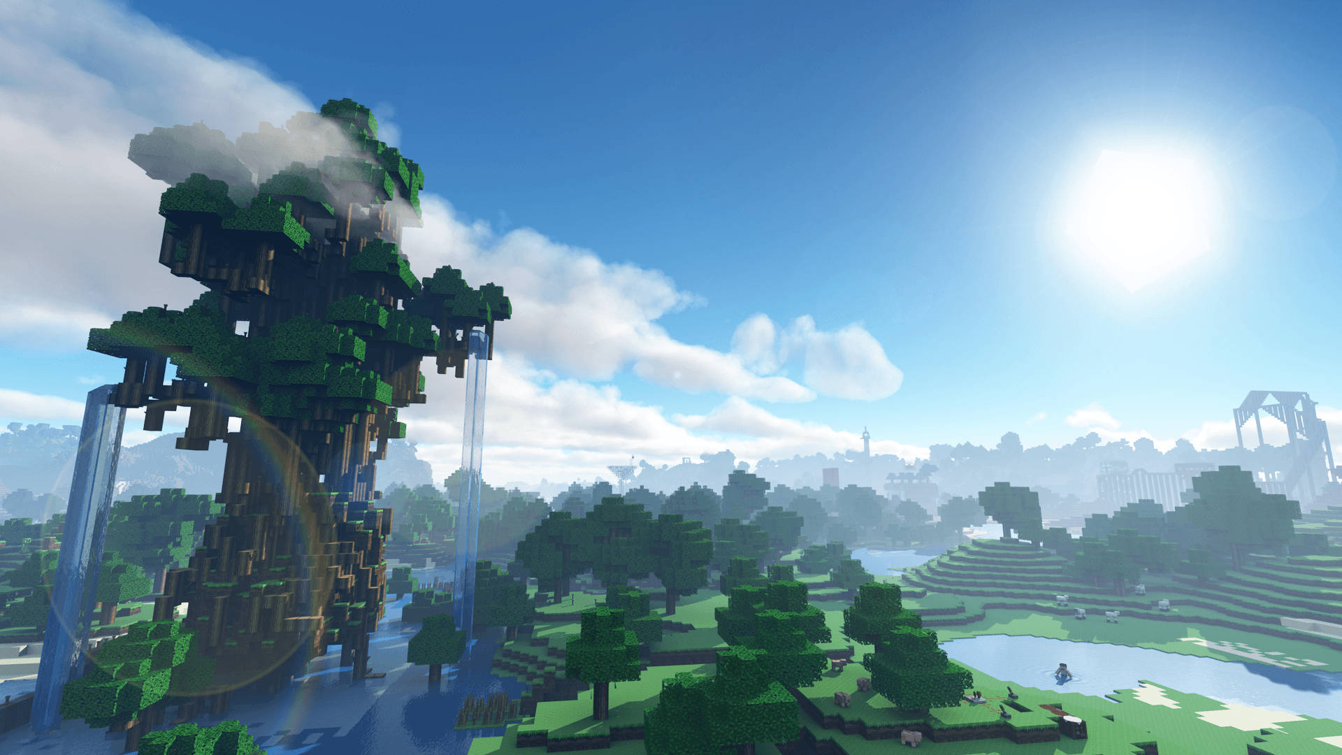Minecraft 高清巨樹與瀑布壁紙 壁紙 — 一棵高聳的像素化樹木，帶有層疊瀑布，矗立在明亮的陽光下充滿活力的Minecraft景觀中。