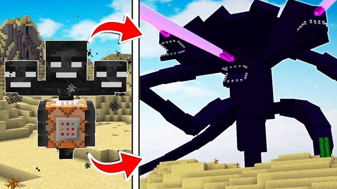 認識《Minecraft》的經典角色史蒂夫與亞歷克斯！ 壁紙 — 一個Minecraft像素場景顯示玩家角色變成一隻巨大的黑色蜘蛛，手持發光紫色劍。
