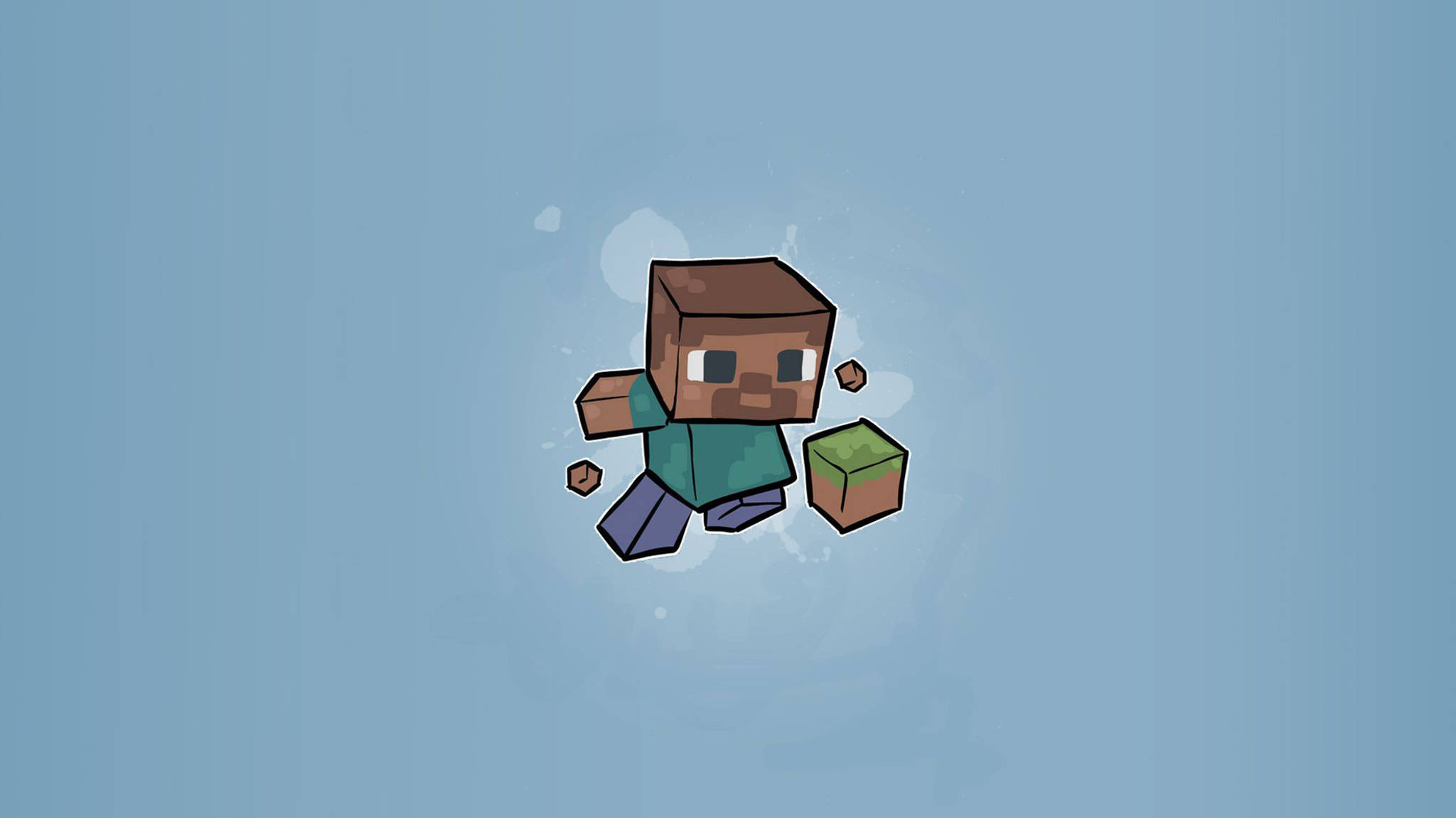 Minecraft 史蒂夫 素描風格 壁紙 — 一個像素化的Minecraft角色，身穿青綠色襯衫和紫色褲子，在柔和的藍色漸變背景前拿著一個草方塊。