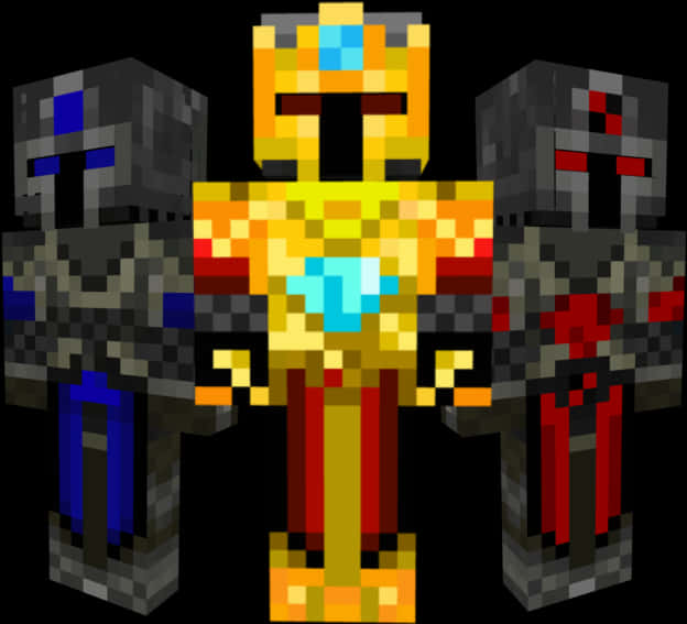 Minecraft 王者與騎士皮膚套裝 壁紙 — 三個像素化的Minecraft風格裝甲人物排成一排，站在黑色背景前，閃耀著金色和紅色的點綴。