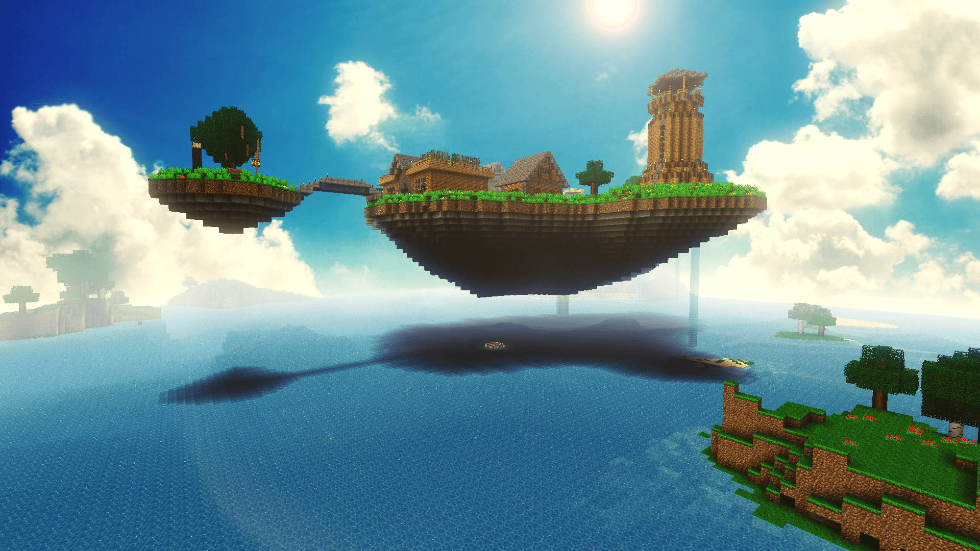 Minecraft浮空城市風景 壁紙 — 浮動嘅Minecraft島嶼，有像素化樹屋同塔，懸浮喺海洋上面，陽光普照。
