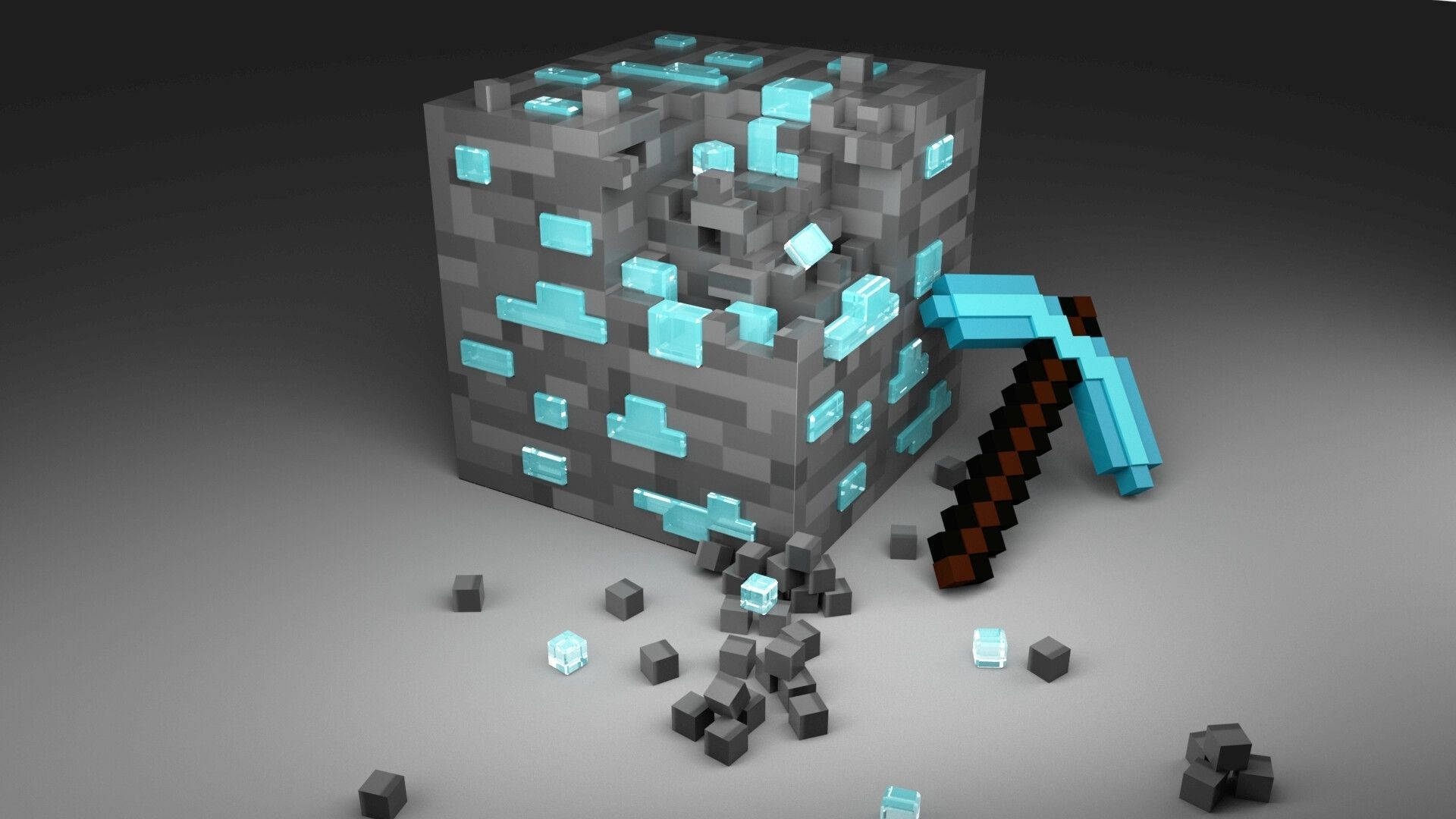 Minecraft 鑽石礦石與鑽石鑿岩錘 壁紙 — 一個像素化的鑽石礦石方塊，帶有發光的青色晶體，正在被鑽石鎬在灰色表面上開採。