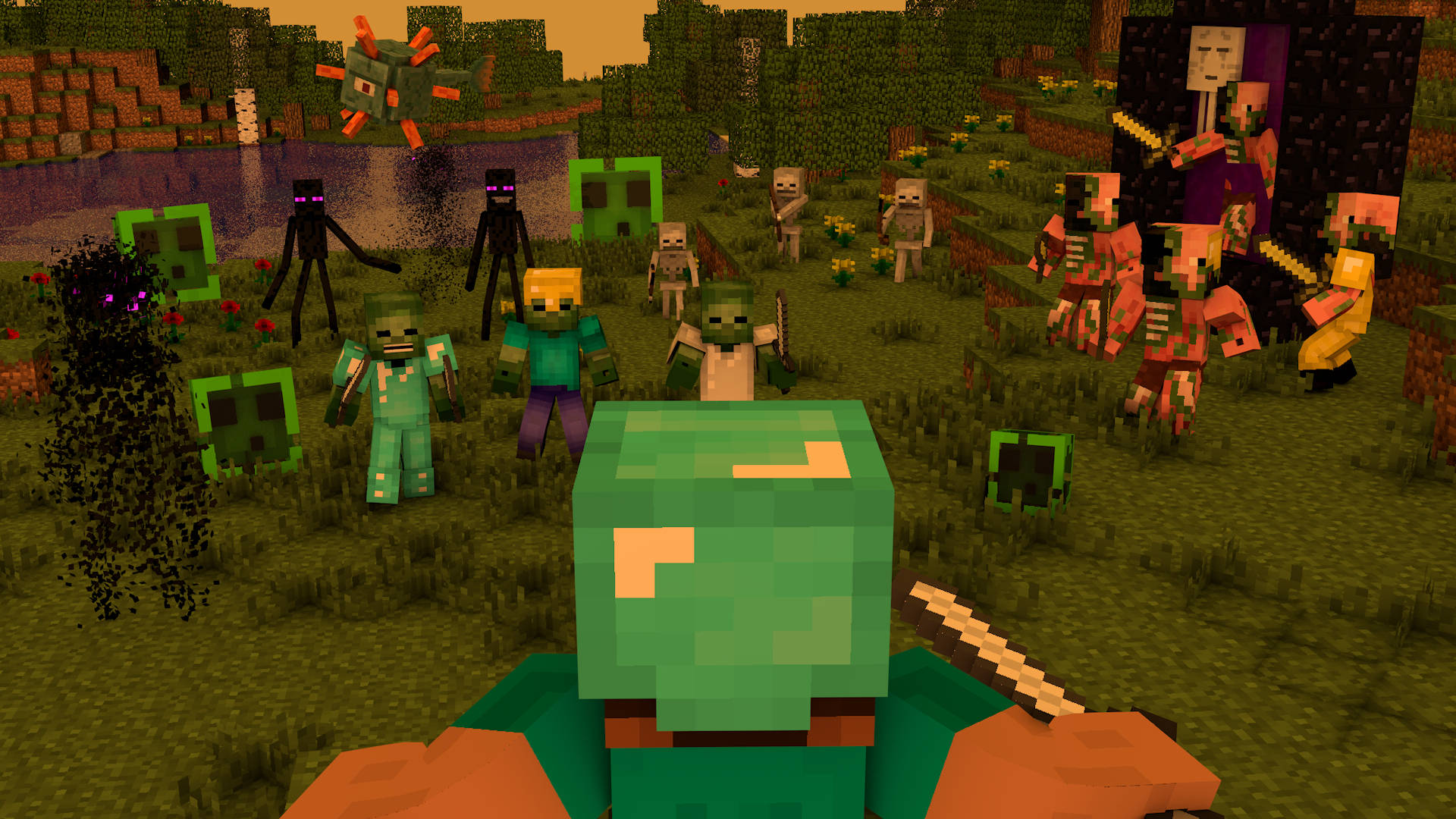 Minecraft 高清硬核模式敵對生物壁紙 壁紙 — 一位第一人稱Minecraft玩家喺黃昏嘅草地生物群落面對一群敵對生物，包括喪屍、爬行者同骷髏骨。