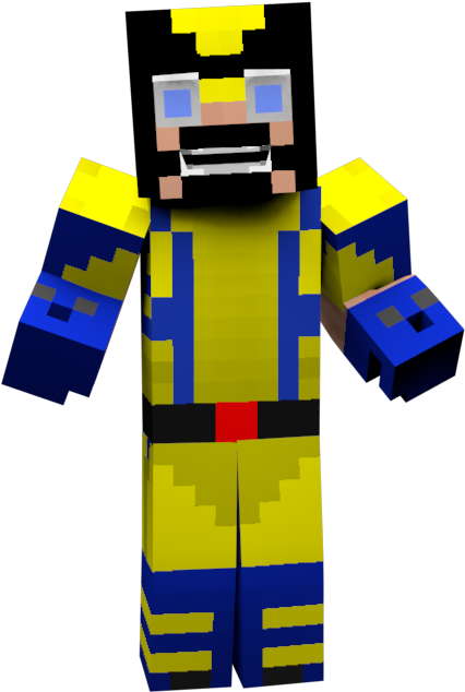 藍黃配色Minecraft角色 壁紙 — 一個像素化的Minecraft風格角色，身穿黃藍色超級英雄服裝，配紅色腰帶，站在黑色背景前。