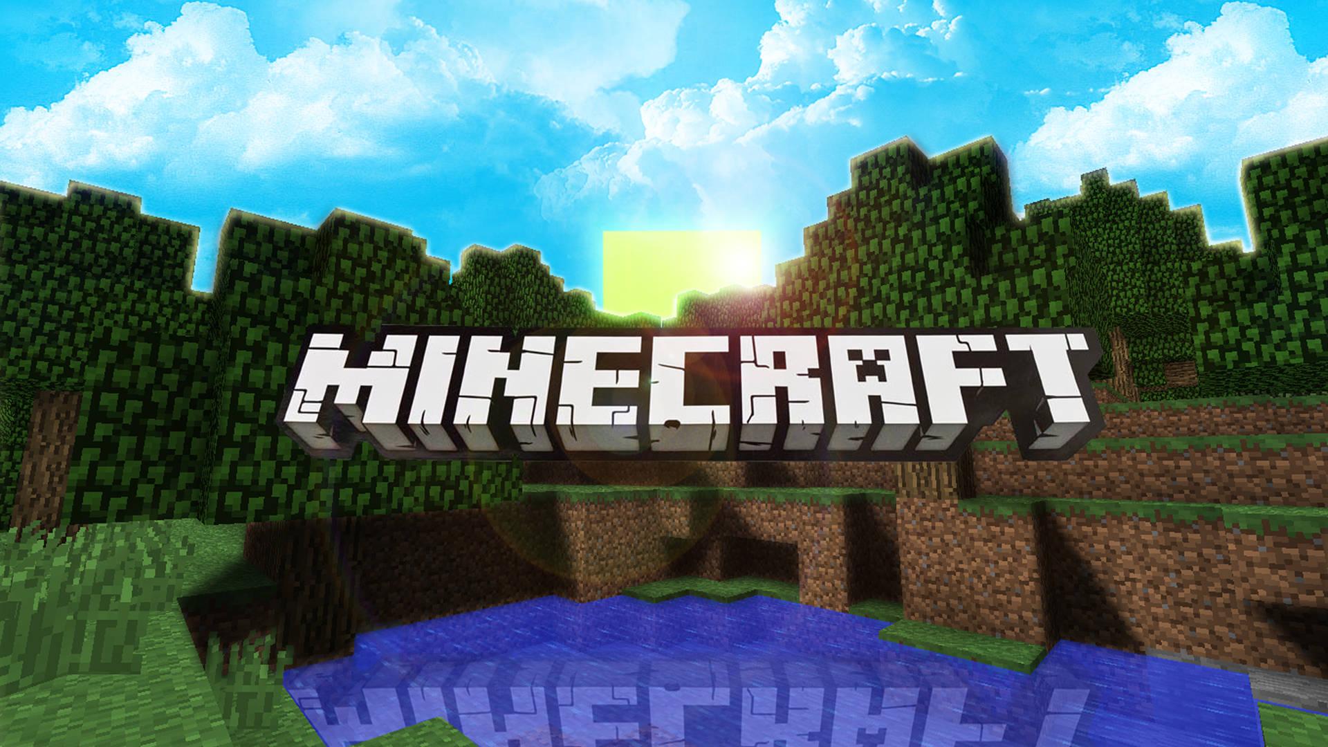 Minecraft 遊戲標誌在一個方塊景觀上，有樹木、水和太陽。
