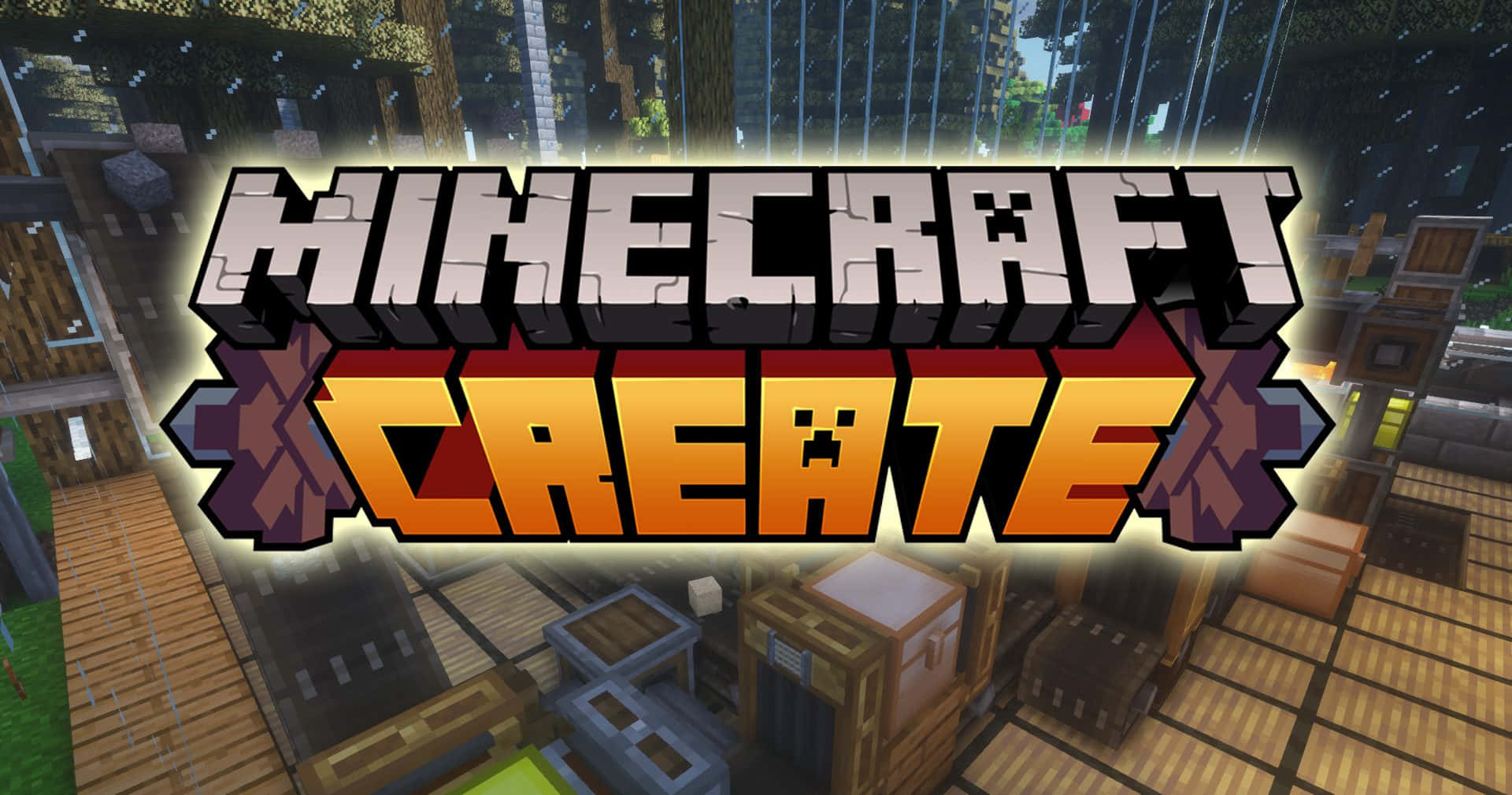 Minecraft Mods 桌布 壁紙 — Minecraft Create 標誌喺落雨嘅像素木製底座上發光，背景有箱同樹。