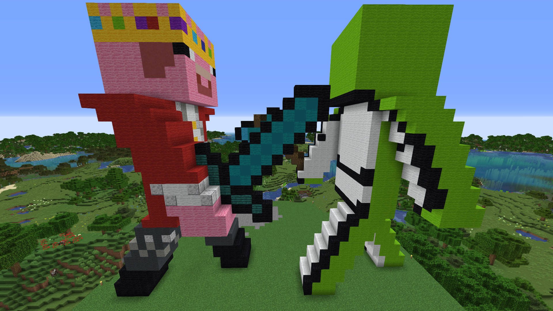 Minecraft Dream 與機械劍客雕像對決 壁紙 — 兩個像素化的Minecraft角色，身穿紅色和綠色方塊盔甲，站在草地上，背景有樹木和水。