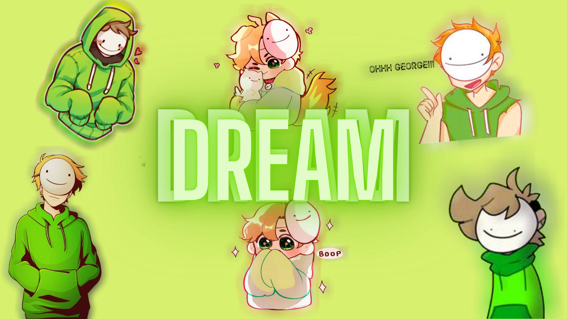 可愛 Minecraft Dream 動漫風同人圖 壁紙 — 六個卡通角色穿著綠色連帽衫和服裝，漂浮在發光的綠色「DREAM」文字周圍，背景為青檸色。