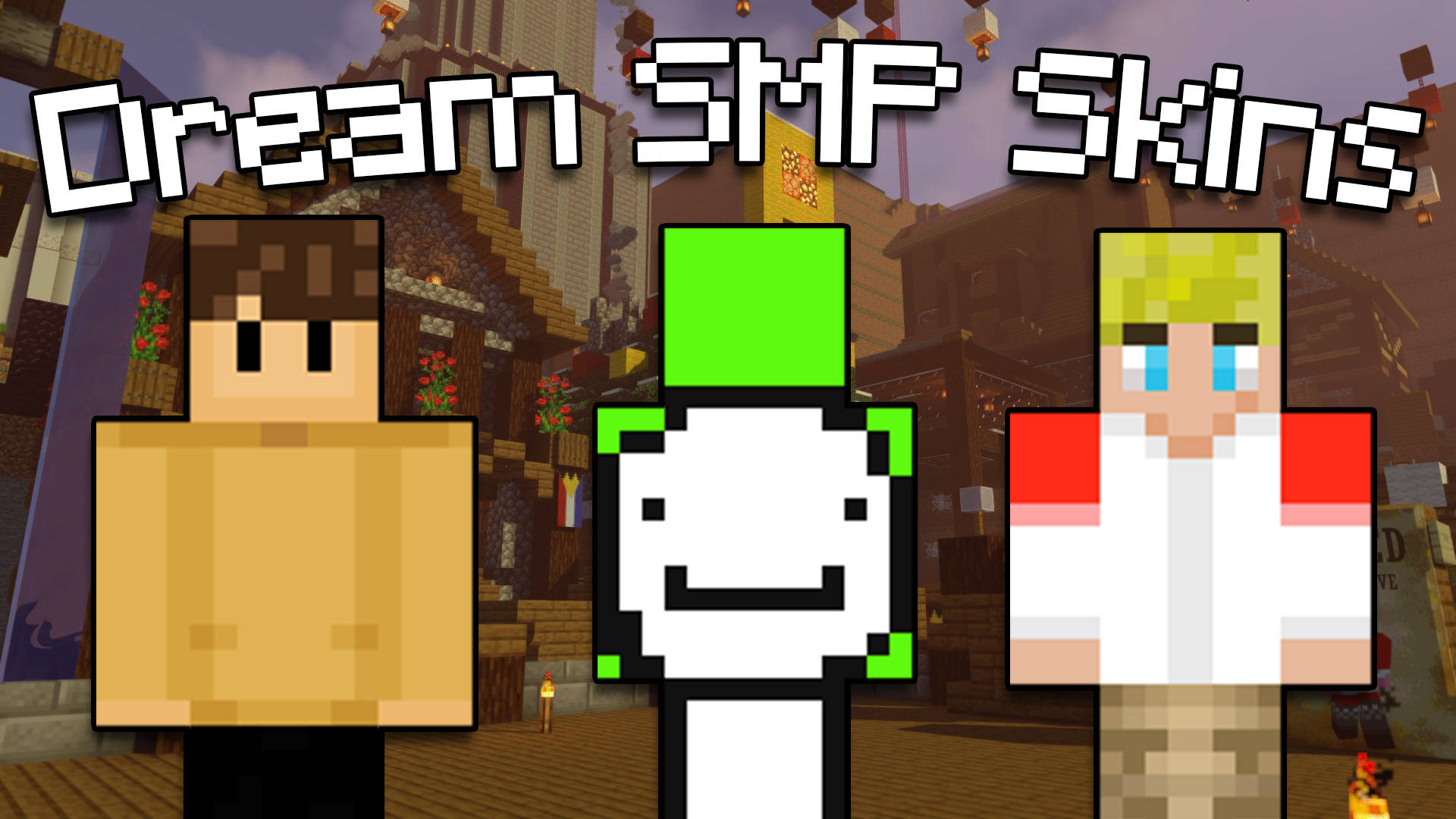 三個Minecraft角色在黃昏的村莊中穿著自定義皮膚。