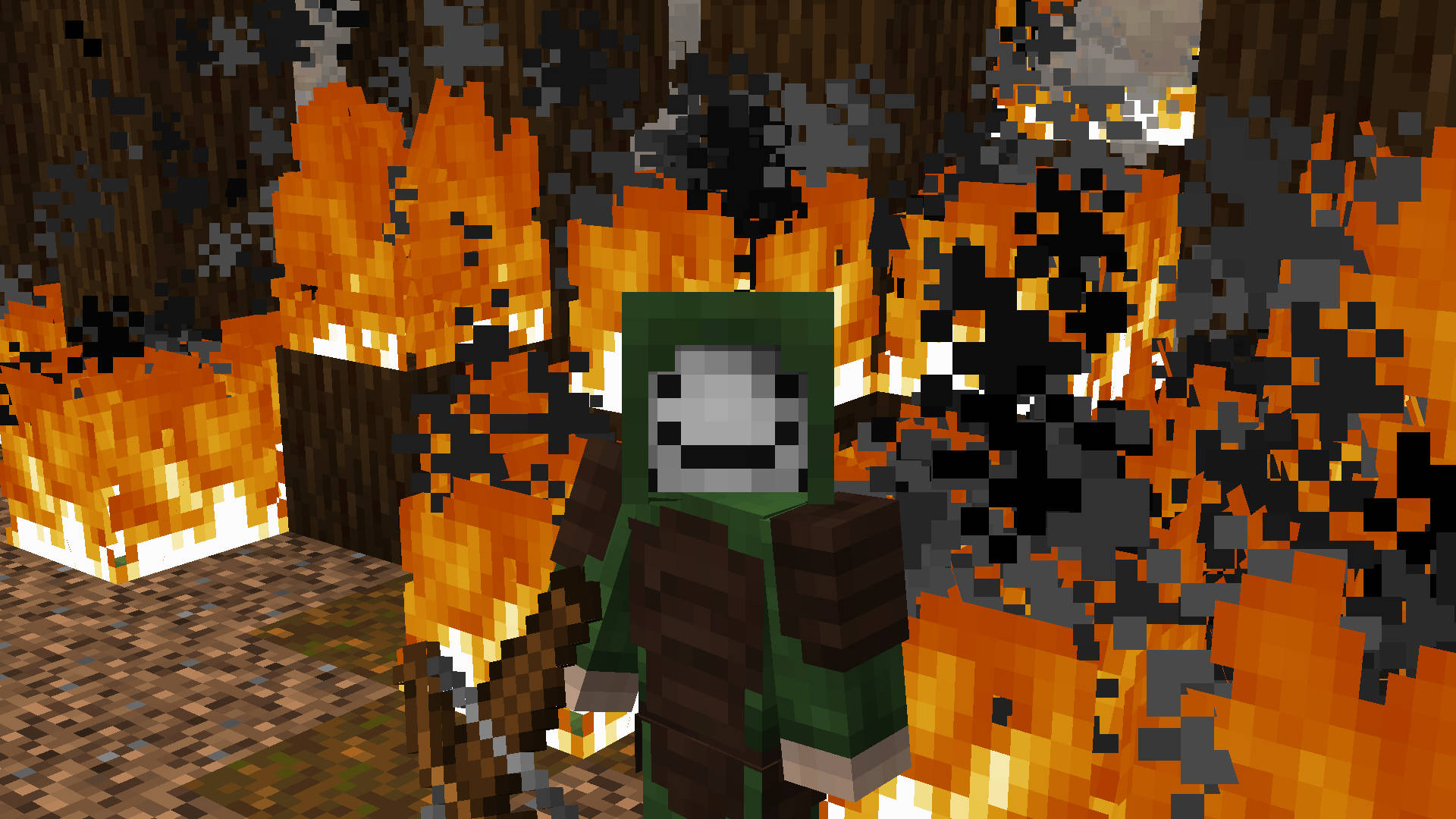 Minecraft Dream 站立於野火之中 壁紙 — 一個像素化的Minecraft角色在夜晚的方塊森林中，站在咆哮的橙色火焰和煙霧之中。