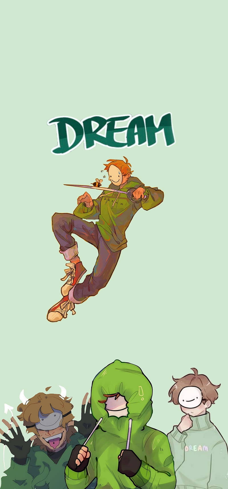 Minecraft Dream 各種藝術風格 壁紙 — 一幅充滿活力的動畫風格插圖，描繪一個快樂的男孩拿著畫筆跳躍在三個穿著綠色連帽衫、微笑的朋友上方，背景是柔和的薄荷色。