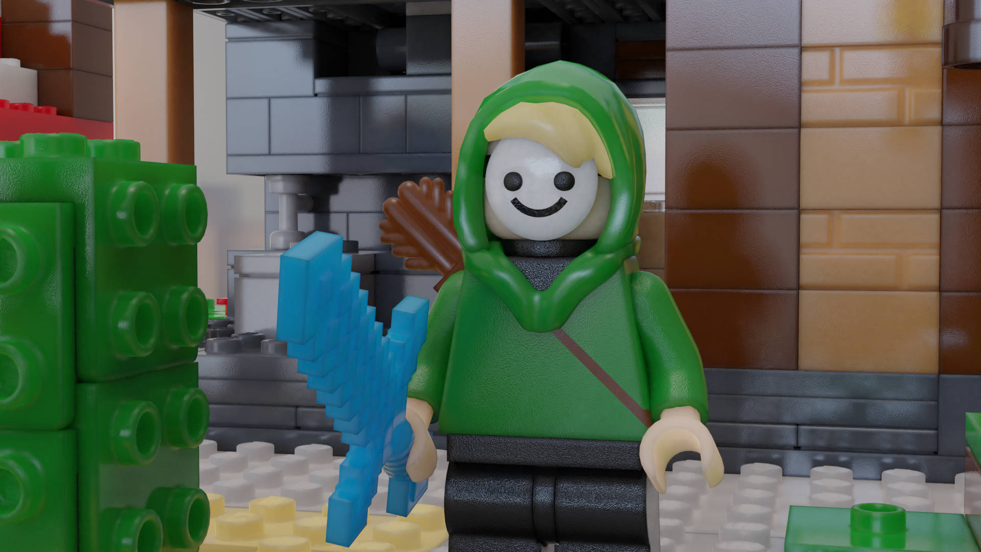 樂高 Minecraft Dream 壁紙 — 一個微笑的樂高迷你人偶穿著綠色連帽服裝，在積木搭建的場景中手持藍色劍。