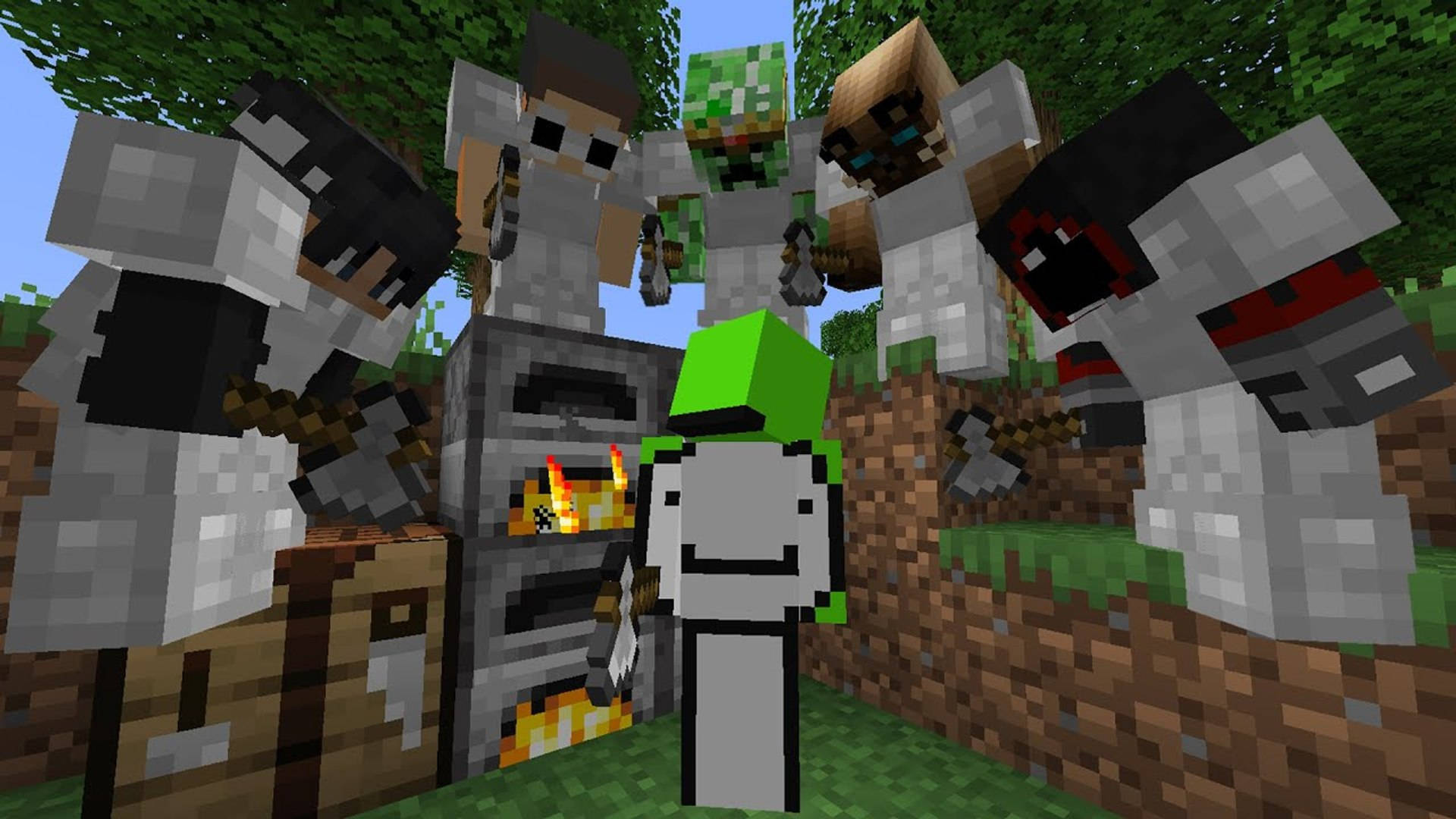 Minecraft Dream 速跑者對戰五人追捕隊 壁紙 — 一個像素化的Minecraft玩家站在熔爐前，周圍是敵對生物，背景是方塊森林。