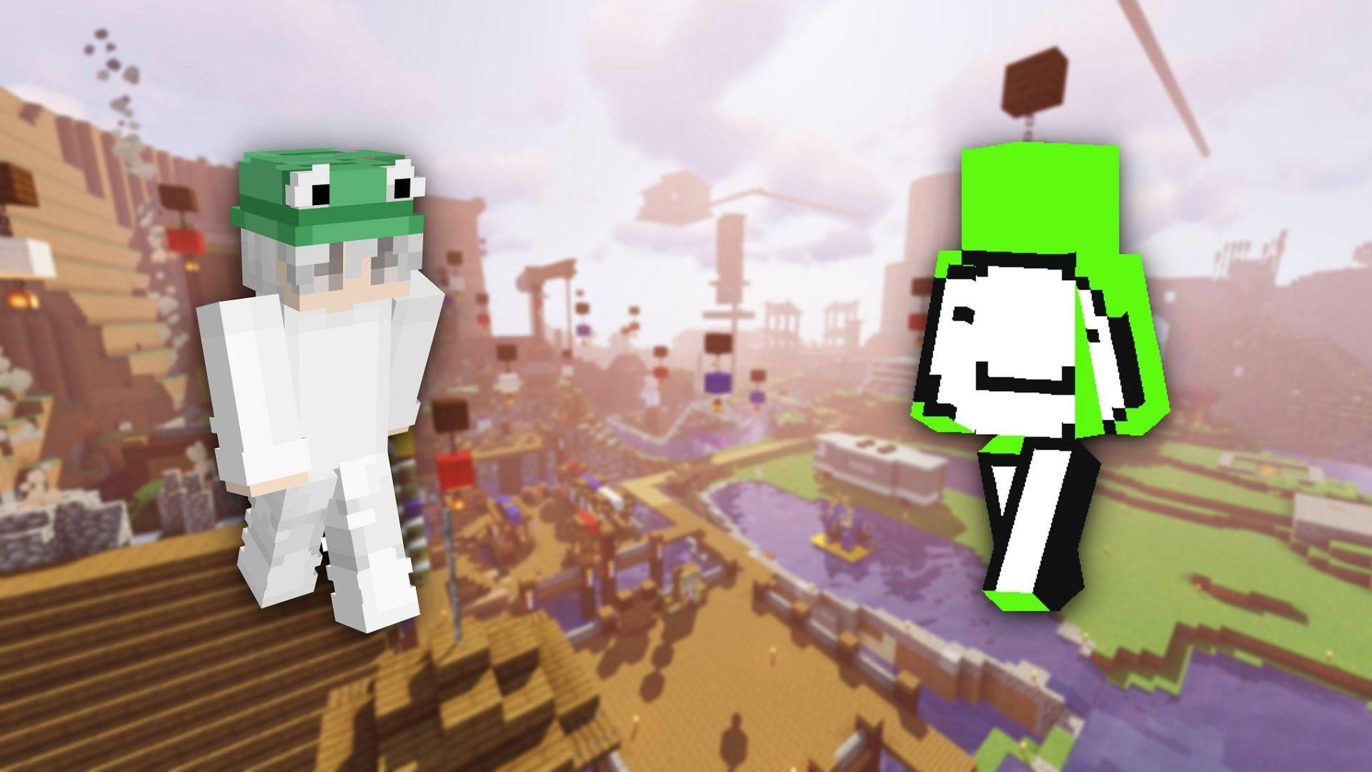 Minecraft Dream 與速跑者同行 壁紙 — 兩個像素化的Minecraft角色站在一個塊狀的城市景觀上，天空朦朧，有漂浮的結構。
