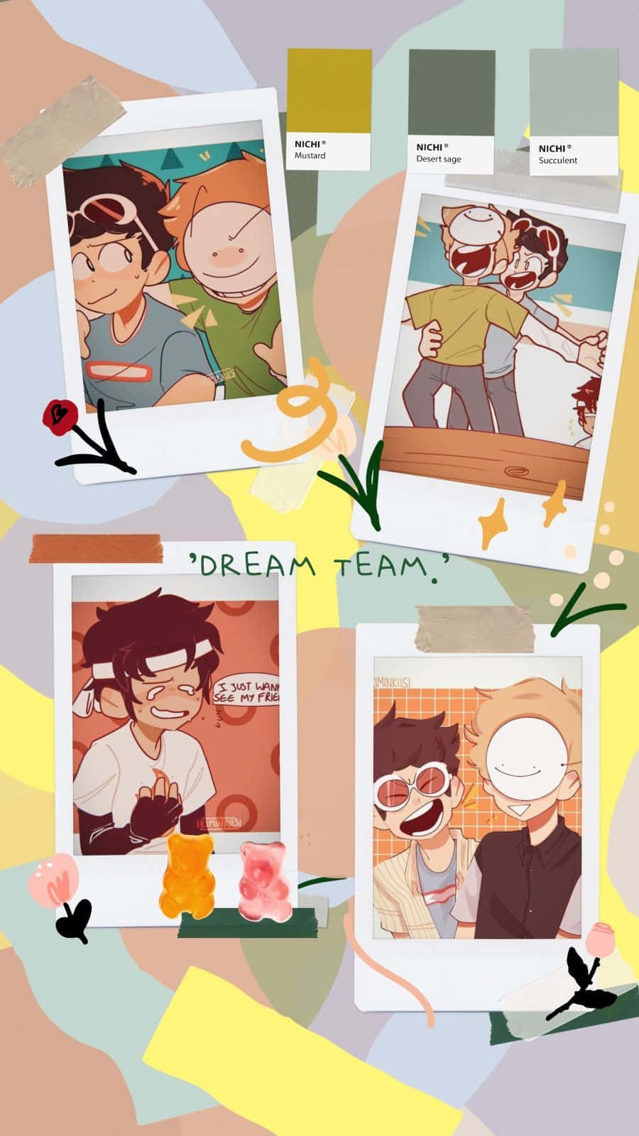 Minecraft Dream Team 與 Sapnap 的寶麗來風格數位插畫 壁紙 — 四張寶麗來風格動畫照片，展示快樂角色，貼在色彩繽紛的抽象背景上，附有顏色樣本和裝飾元素。
