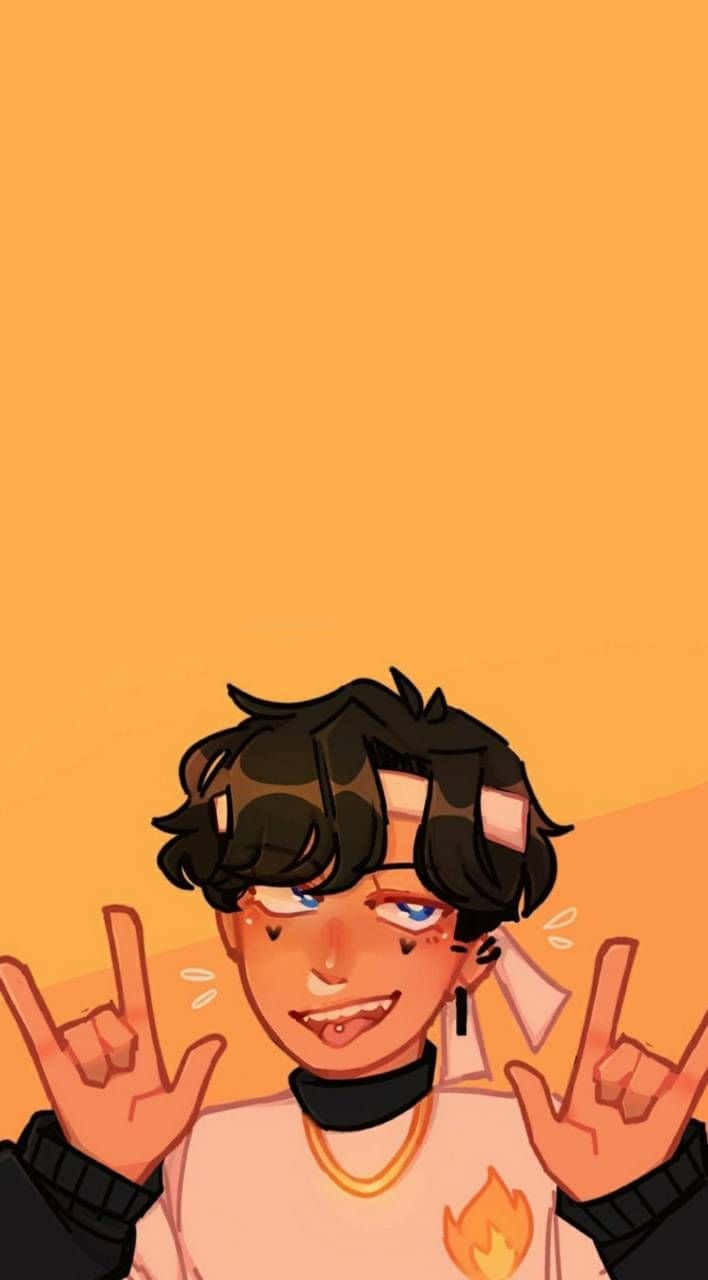 深色頭髮和藍色眼睛的動漫角色在橙色背景前做出搖滾手勢。