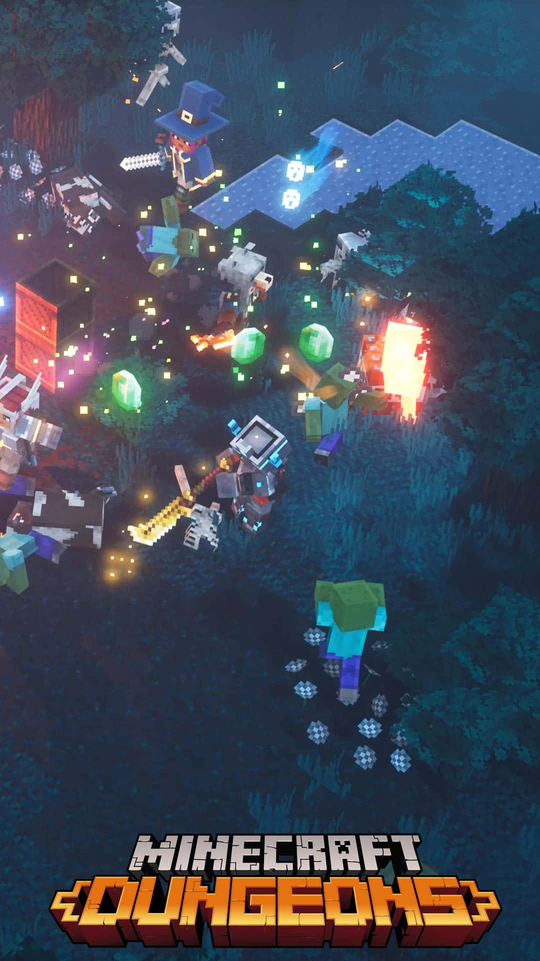 Minecraft Dungeons玩家在夜晚的黑暗森林中與發光的敵人戰鬥。