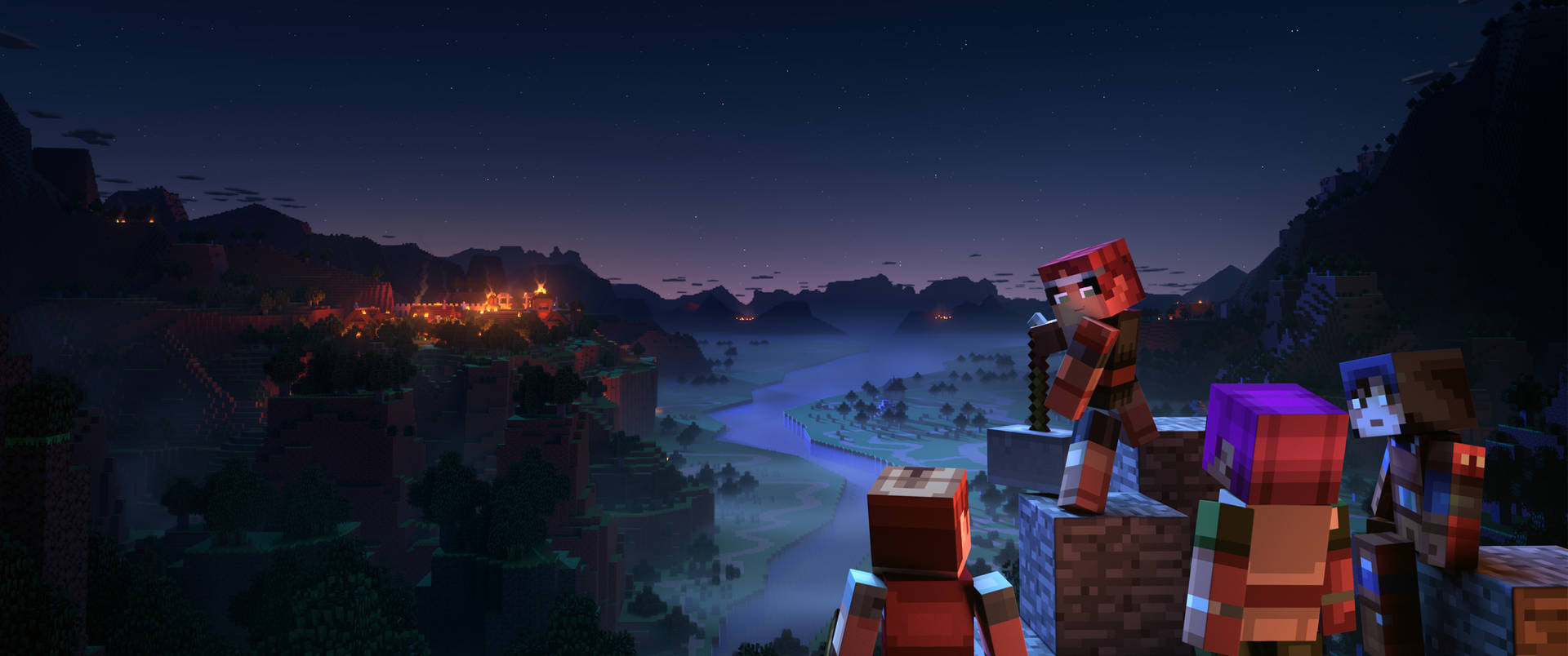 Minecraft角色俯瞰著暮色山脈中閃閃發光的村莊，星空下。