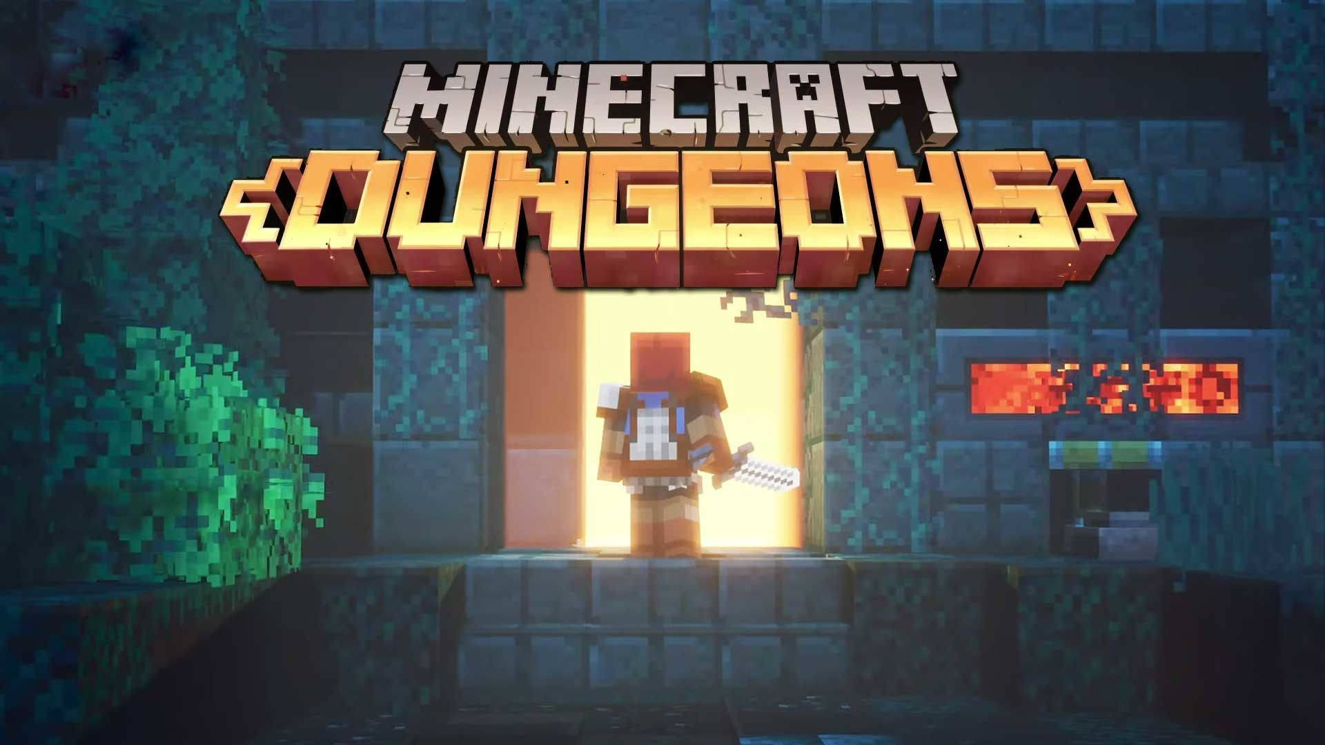 Minecraft Dungeons英雄站在一個發光的石頭門口，周圍有綠色藤蔓和紅石火炬。