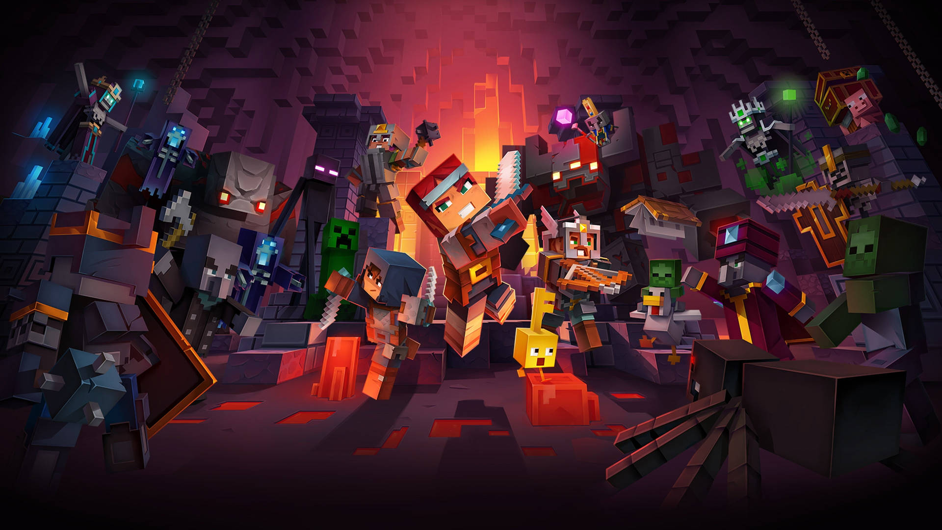 Minecraft角色和怪物在熾熱的地下戰鬥場景中。