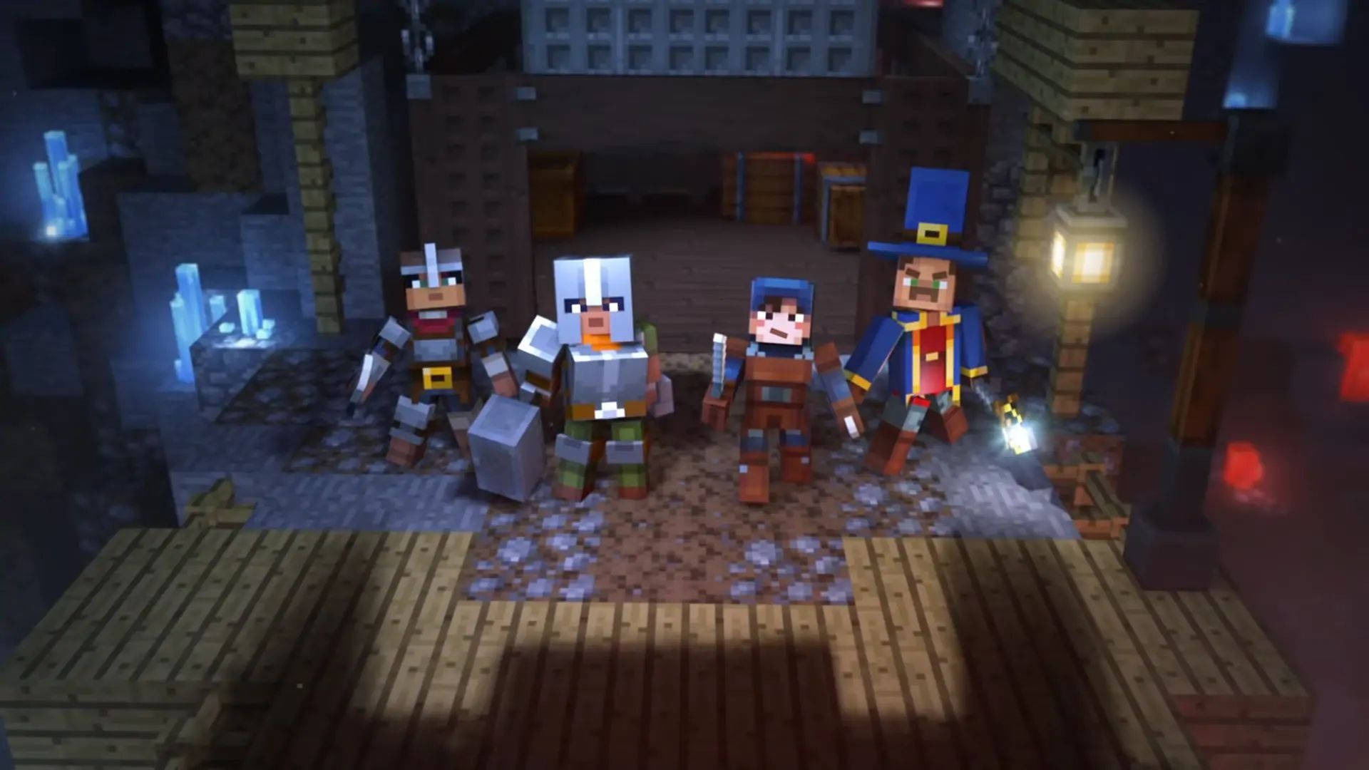 四個穿著盔甲的Minecraft角色站在一個由燈籠和晶體照亮的黑暗木製地牢中。