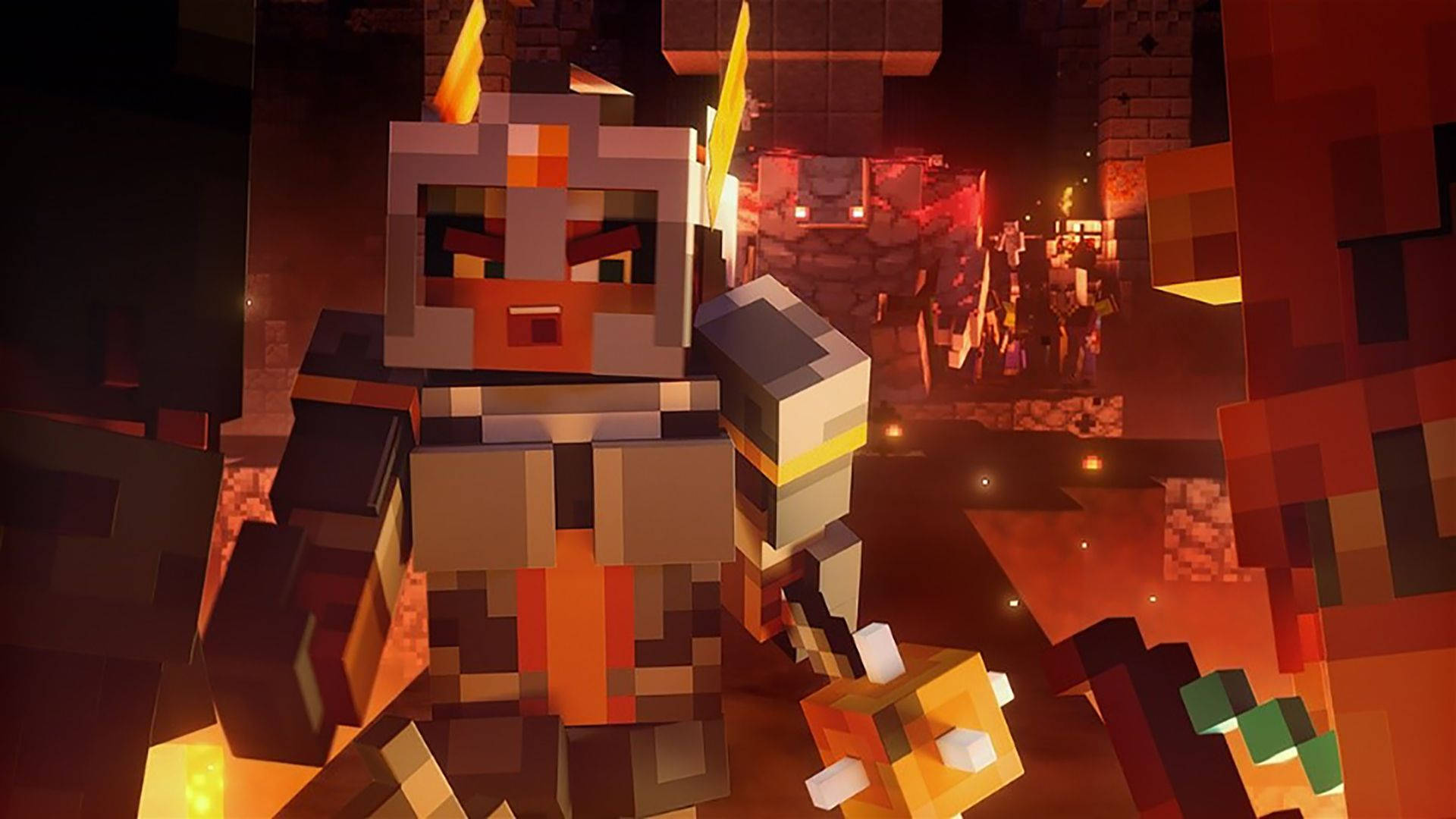 像素化的Minecraft盔甲騎士在熾熱的地牢中手持劍。