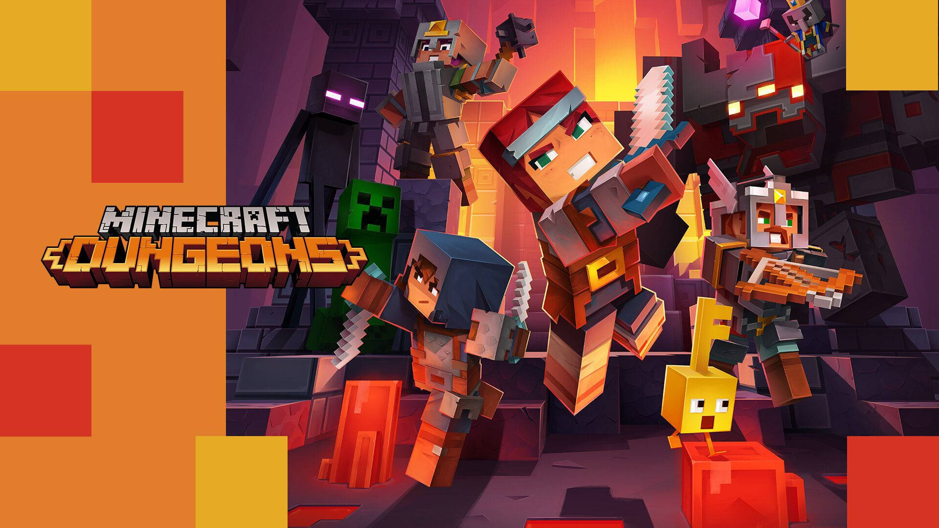 Minecraft Dungeons 角色在方塊地牢中與怪物戰鬥，燈光熾熱。
