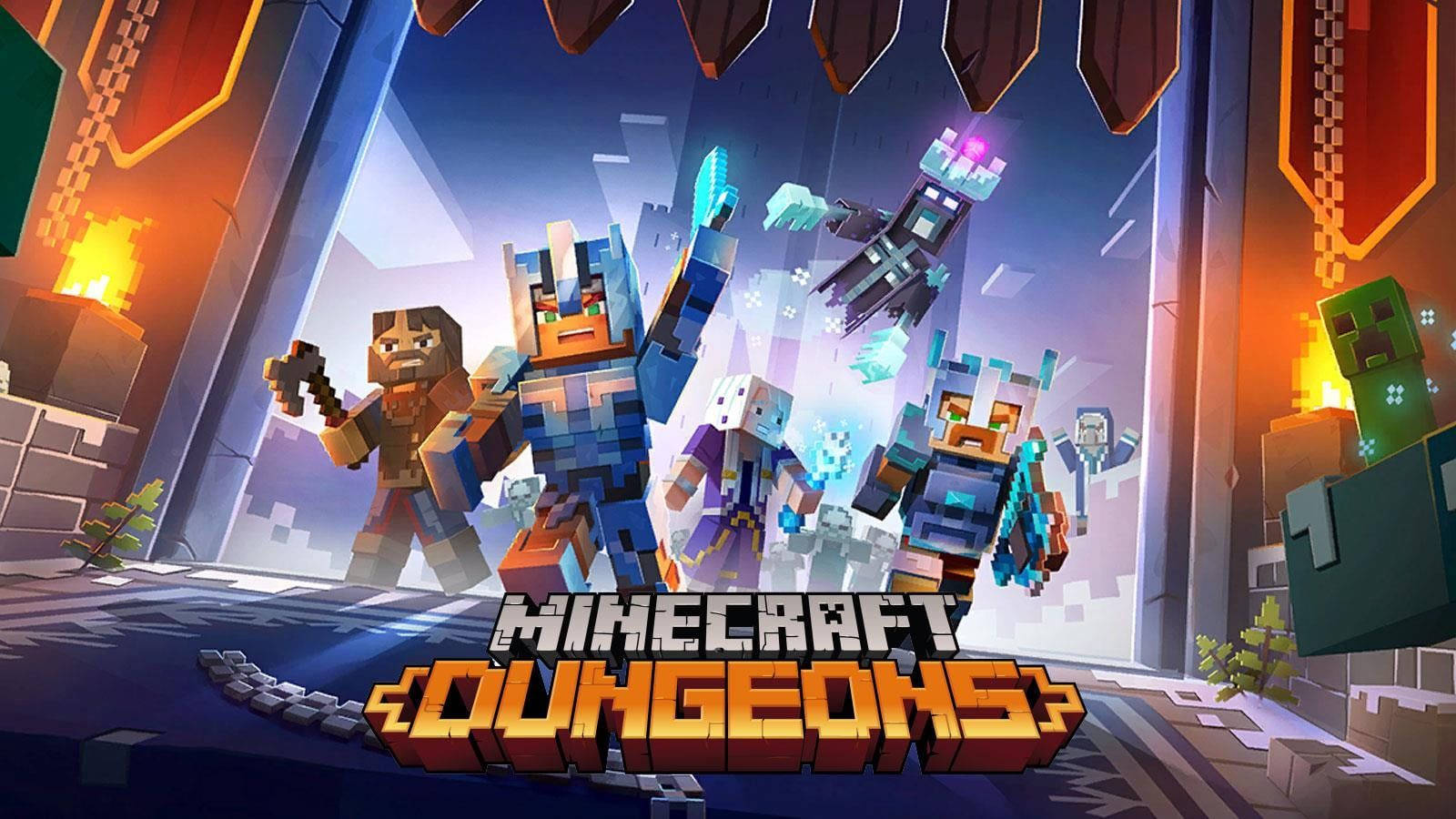 Minecraft Dungeons角色身穿像素盔甲，站在有發光火把的地牢中。