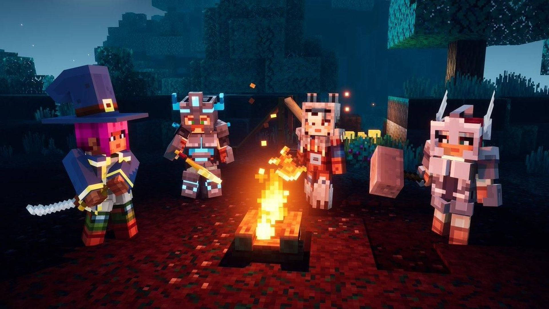 Minecraft Dungeons 篝火 壁紙 — 四個像素化的Minecraft角色在夜晚的黑暗森林中圍著一個發光的營火聚集。