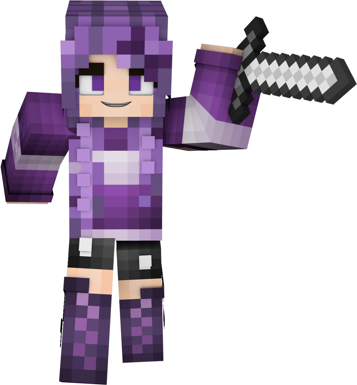 Minecraft 持劍角色 壁紙 — 一個像素化的Minecraft角色，紫色頭髮和服裝，在黑色背景上揮舞著鑽石劍。