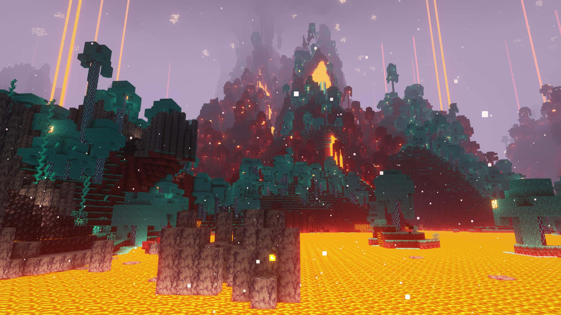  壁紙 — Minecraft 風格的火山景觀，在紫色暮光天空下，有發光的熔岩流和像素化的樹木。