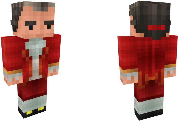 莫札特靈感 Minecraft 皮膚 壁紙 — 兩個像素化的Minecraft角色穿著紅色外套，在黑色背景前展示正面和背面。