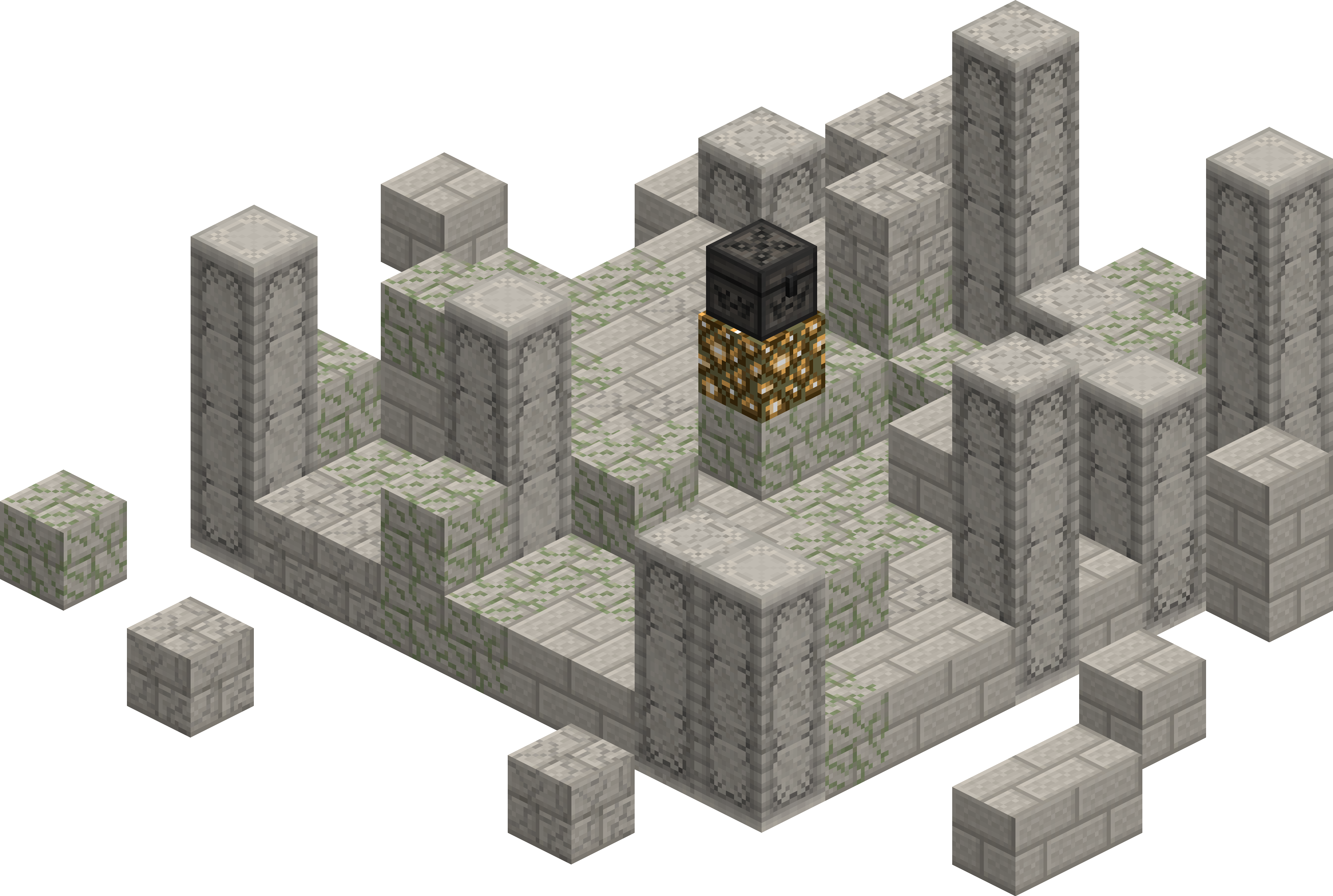 Minecraft水下遺跡結構 壁紙 — Minecraft 石頭結構的等角視圖，頂部有一個箱子，周圍環繞著草方塊。