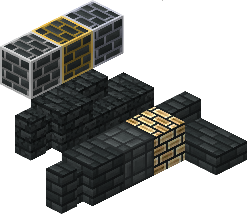 等角視圖Minecraft方塊 壁紙 — 灰色牆壁背景下，瓷磚地板上Minecraft風格黑色和金色方塊結構的等角視圖。