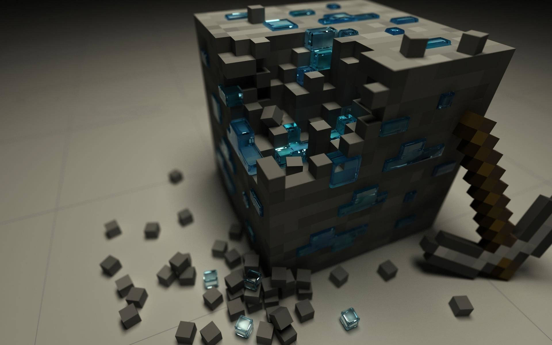 物理模組展示鑽石 Minecraft HD 壁紙 — 一個像素化Minecraft風格的方塊，帶有藍色玻璃碎片和鎬，碎裂在瓷磚地板上。