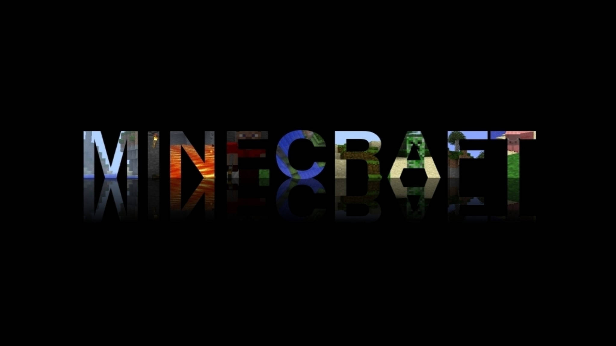 Minecraft HD 遊戲標題藝術 壁紙 — Minecraft 標誌的每個字母都充滿了生動的遊戲場景，背景為黑色，帶有光澤反射。