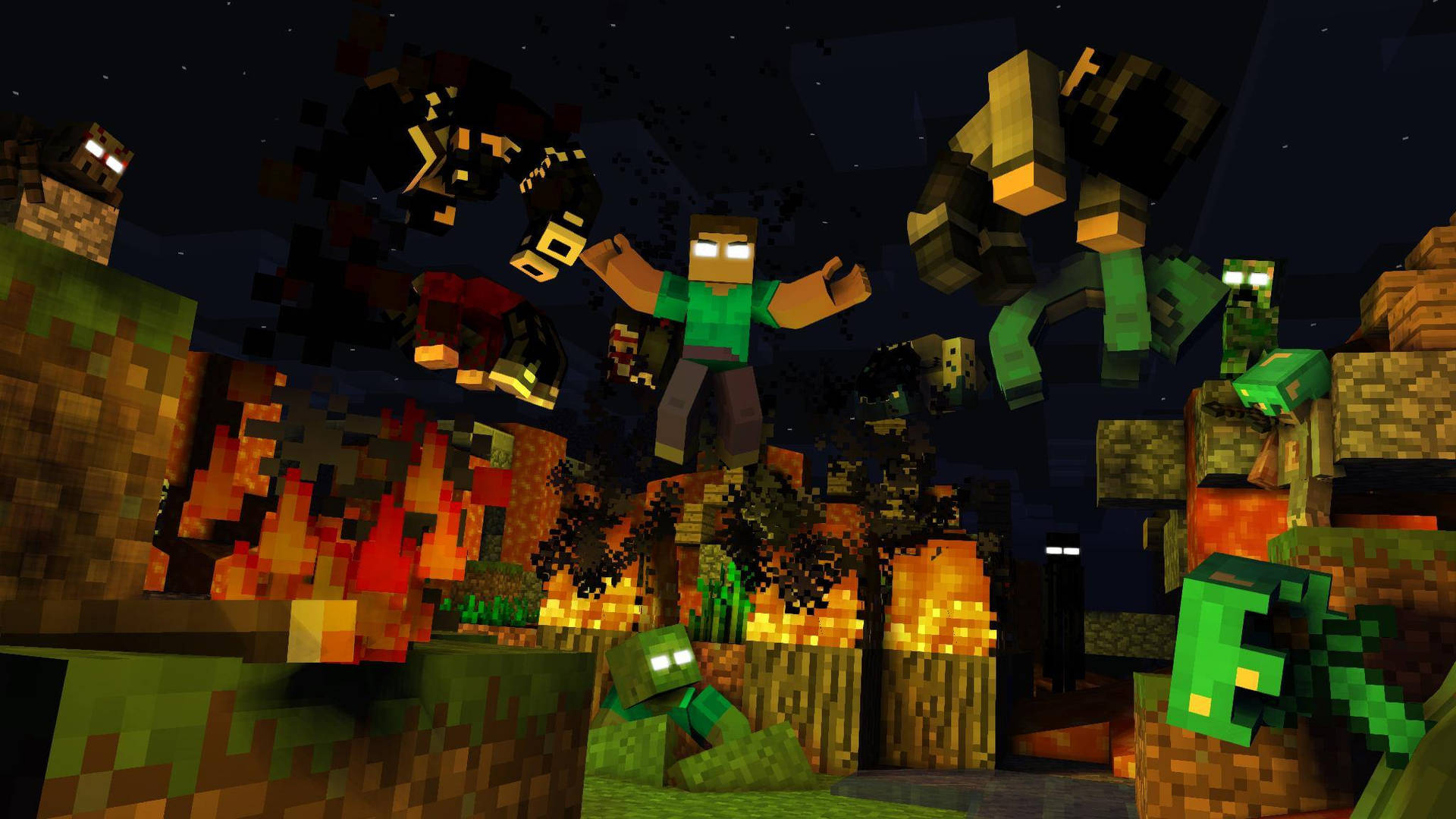 Minecraft玩家在夜晚點燃火炬跳過喪屍和苦力怕。