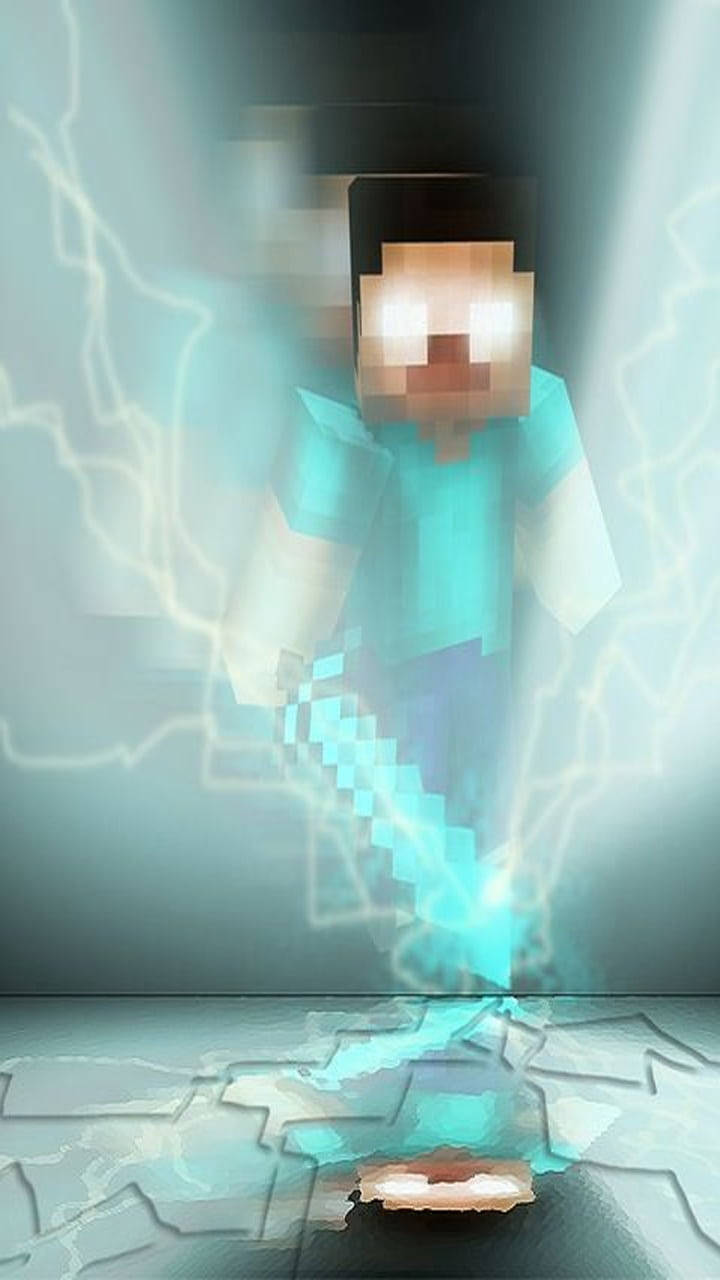 Minecraft Herobrine 戲劇性倒影雷電 壁紙 — 一個像素化的Minecraft角色在碎裂的冰環境中，於噼啪作響的閃電中揮舞著一把發光的劍。