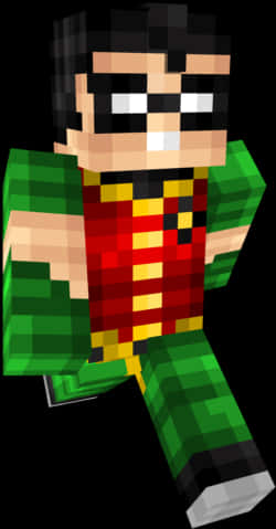 Minecraft 超級英雄綠紅皮膚 壁紙 — 像素化的羅賓超級英雄角色，身穿經典紅、黃、綠色服裝，以方塊狀的Minecraft風格站立。