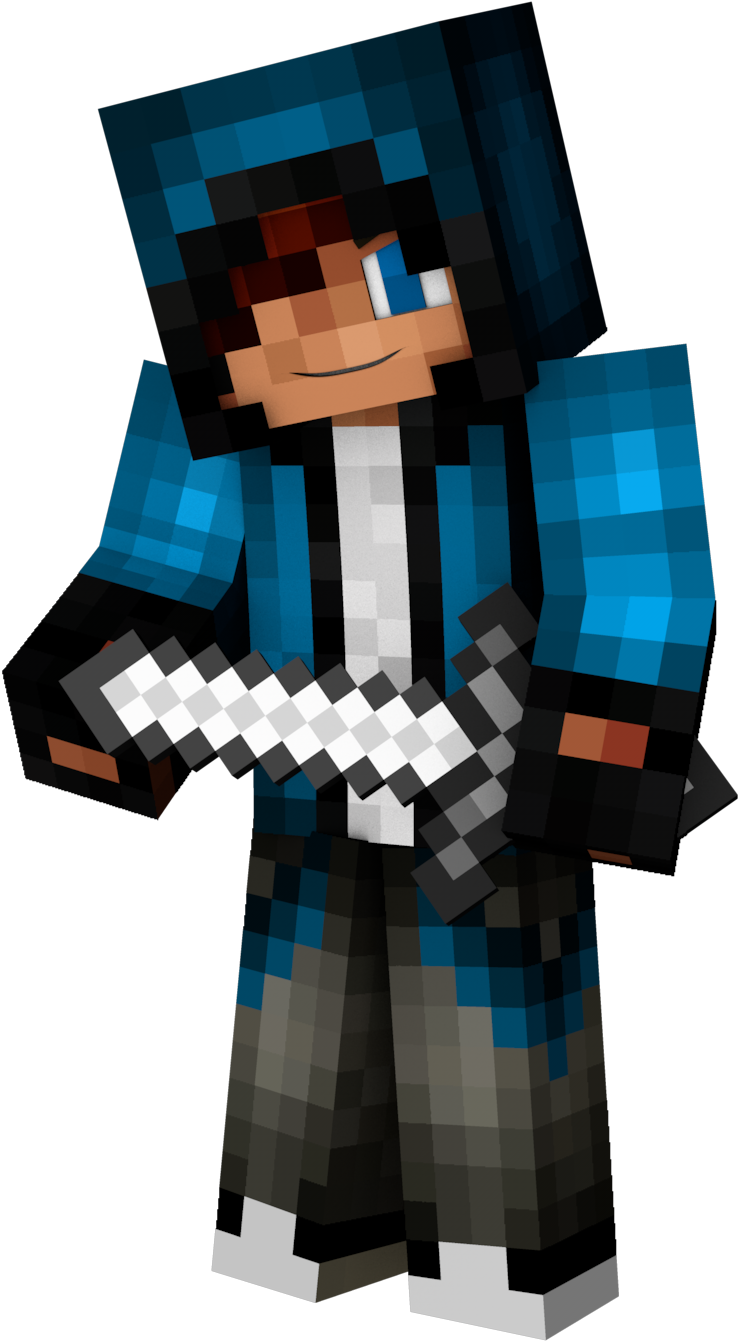Minecraft 持劍角色 壁紙 — 一個像素化的Minecraft角色，藍色頭髮，手持格仔劍，站在黑色背景前。