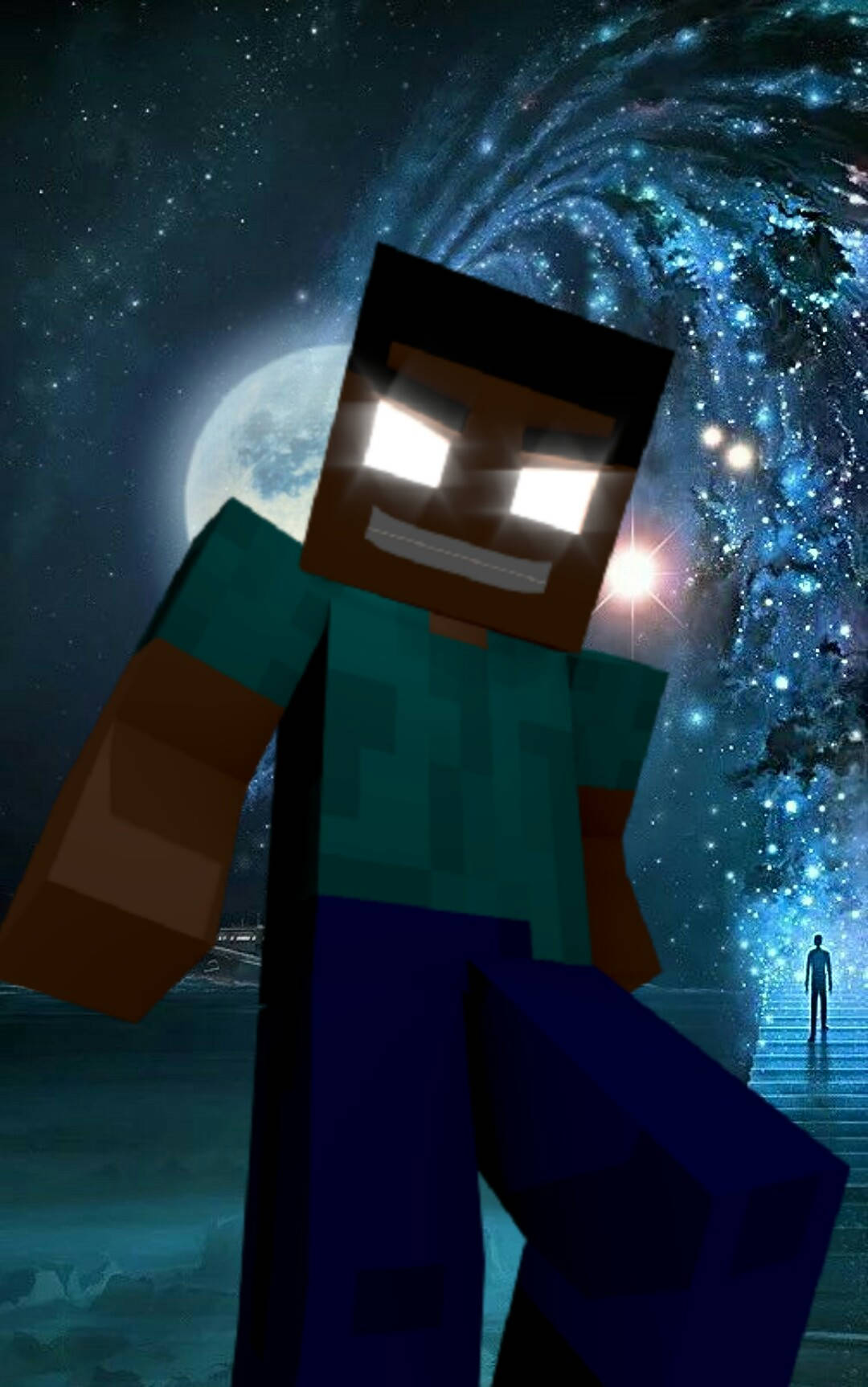 《Minecraft》赫羅布林月夜微笑圖 壁紙 — 一個方塊狀的Minecraft角色，眼睛發光，站在滿月下的宇宙漩渦前，而一個細小的人形正在樓梯上走開。